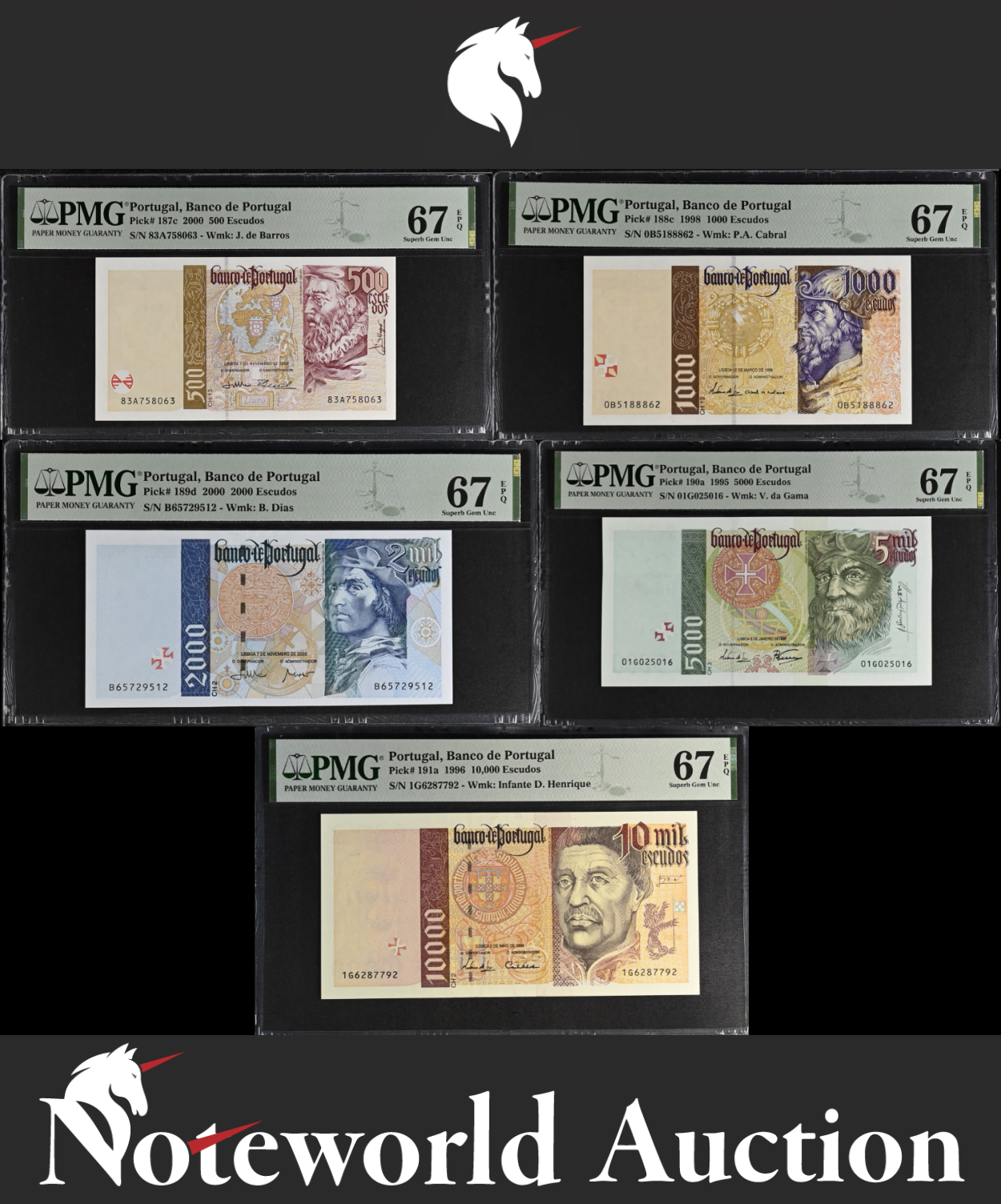 Portugal Set 5 p - 500 1000-10000 1995-2000 P 187c-189d 190a 191a UNC PMG 67 EPQ