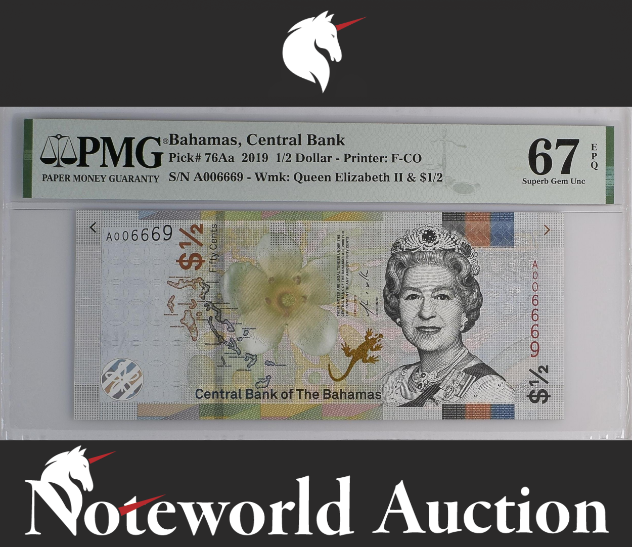 Bahamas 1/2 Dollar 2019 P 76Aa Fancy LOW SERIAL NO. A006669 UNC PMG 67 EPQ