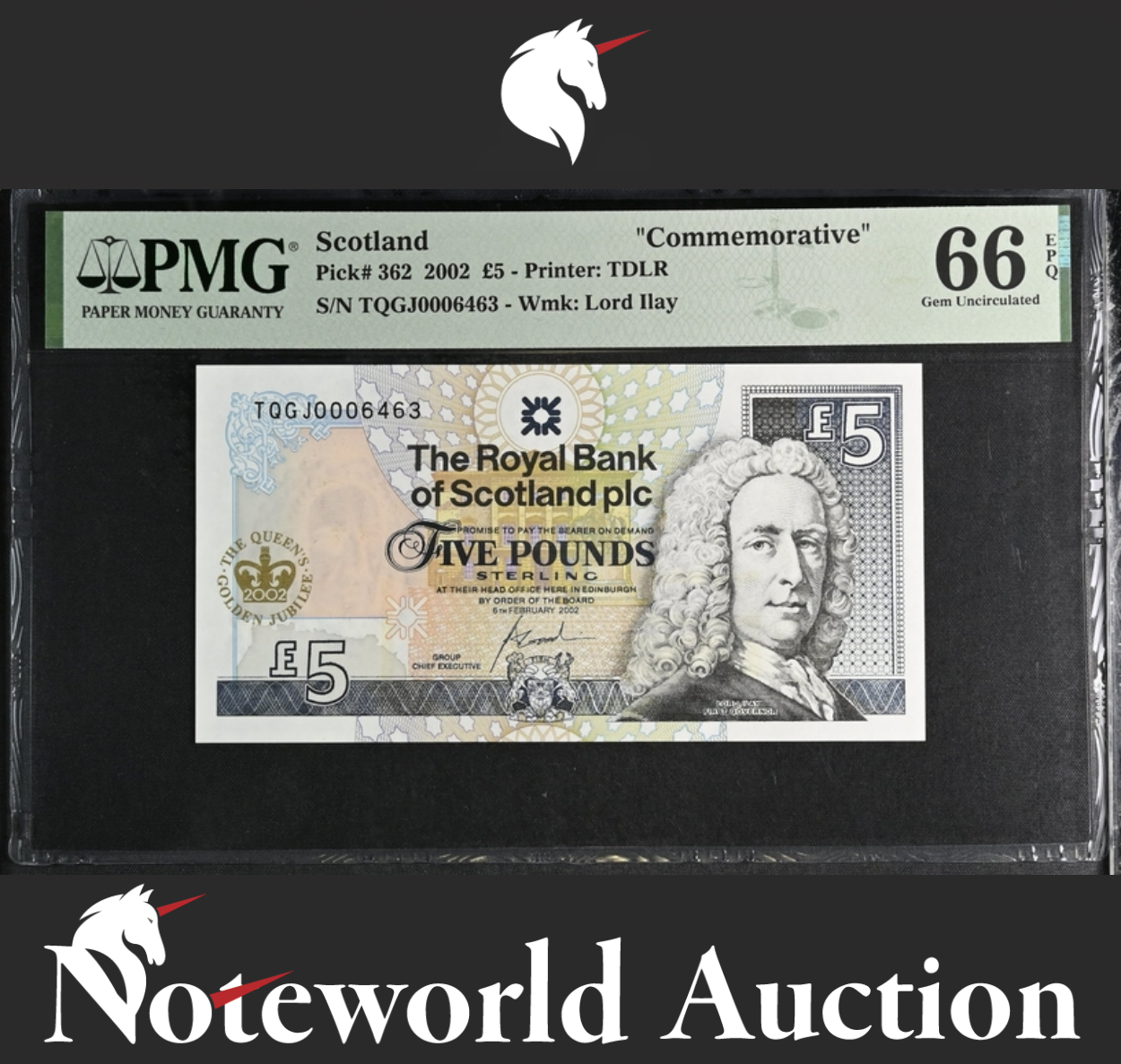 Scotland Commemorative 5 Pounds 2002 P 362 Fancy LOW No. 0006463 UNC PMG 66 EPQ