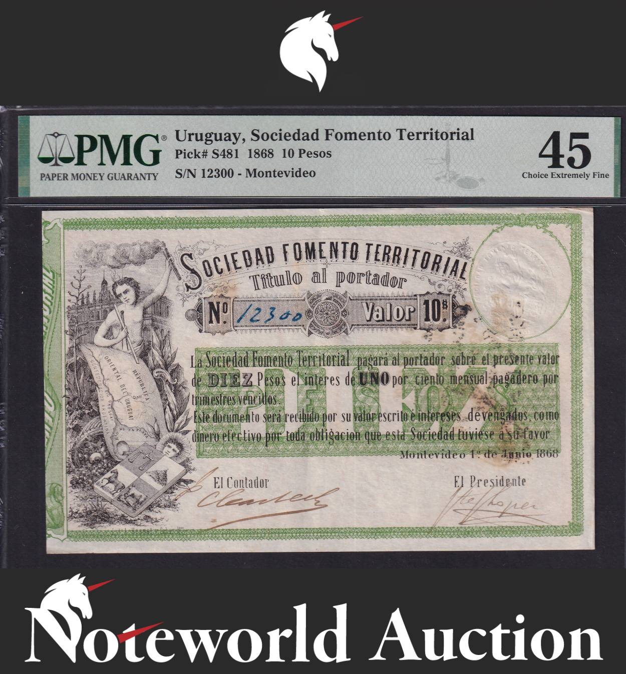 Uruguay Sociedad Fomento Territorial 10 Pesos 1868 P S481 EF PMG 45