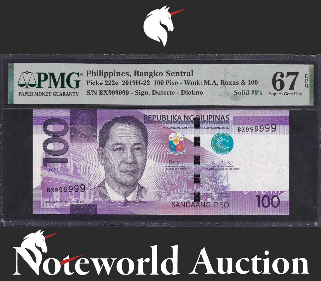Philippines 100 Piso 2022 P 222e SOLID 9 - 999999 UNC PMG 67 EPQ 3rd TOP POP