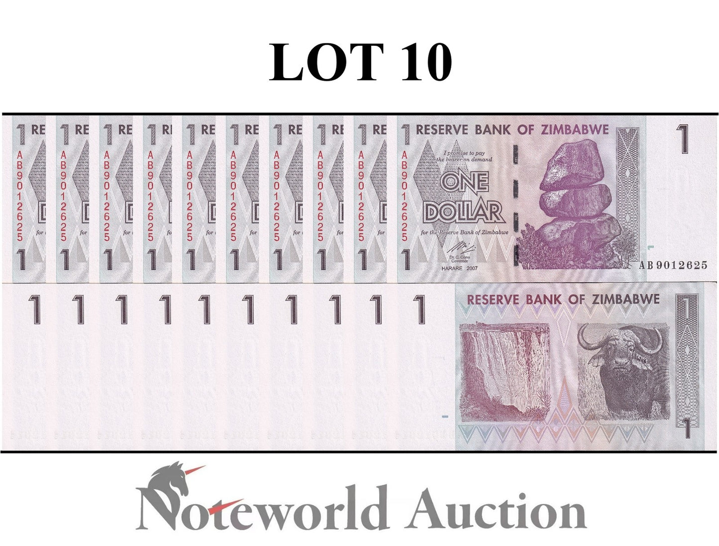ZIMBABWE 1 Dollar 2007 P 65 Lot 10 pcs 1/10 Bundle UNC