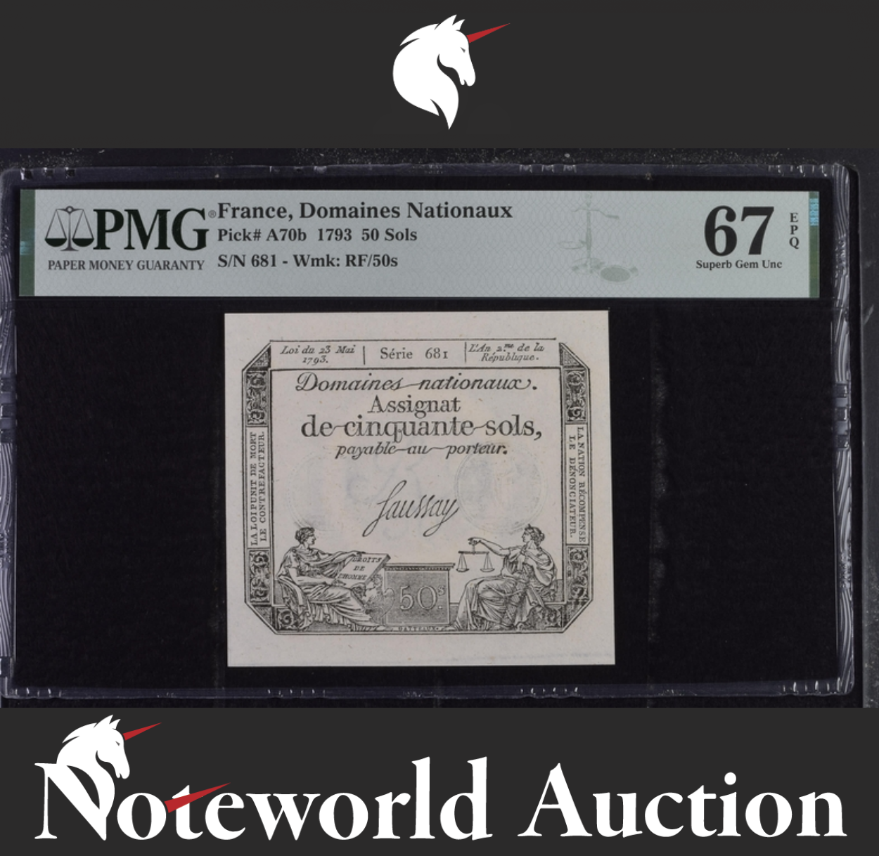 France Domaines Nationaux 50 Sols 1793 P A70b UNC PMG 67 EPQ 2nd TOP POP