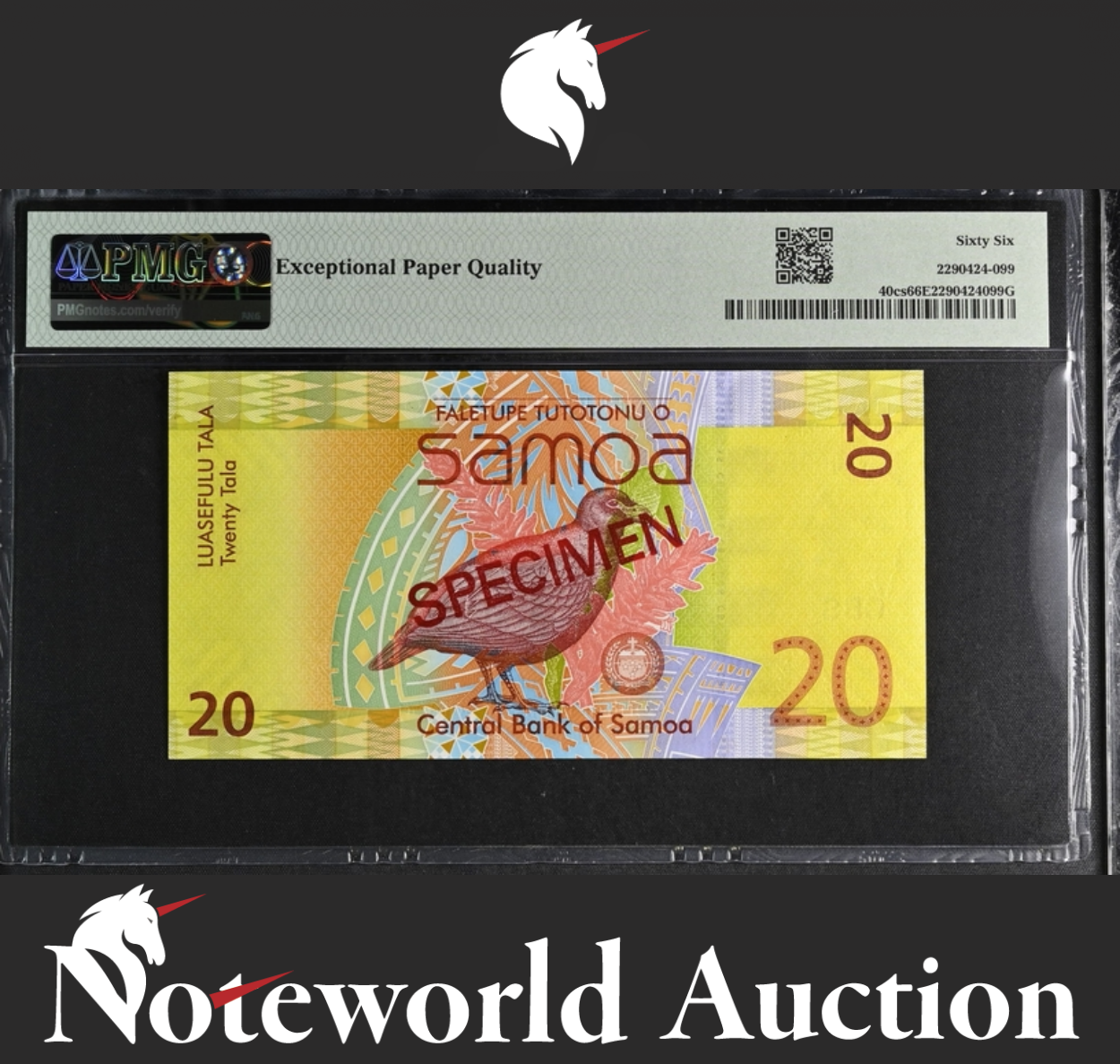 Samoa SPECIMEN 20 Tala ND (2017) P 40cs S/N 156 UNC PMG 66 EPQ 3rd TOP POP