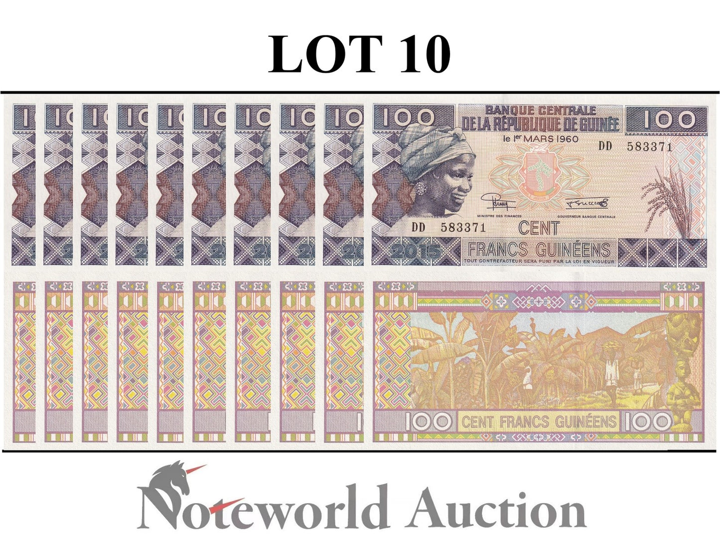 GUINEA 100 Francs 2015 P A47 Lot 10 pcs 1/100 Bundle UNC