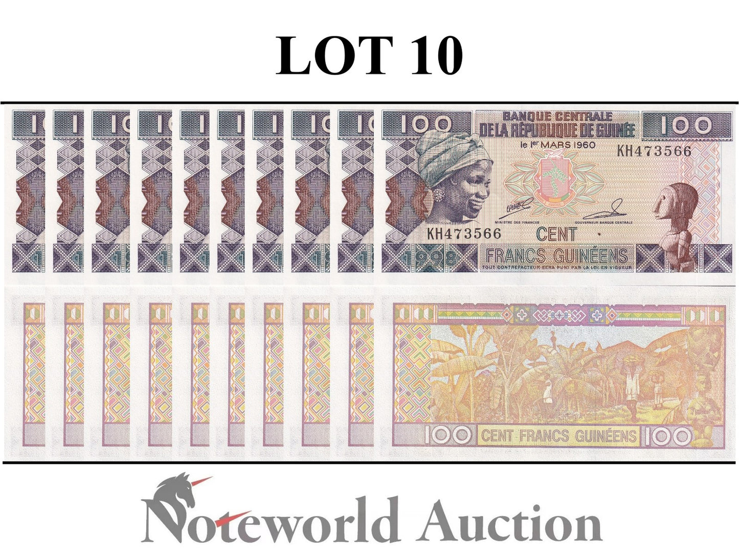 GUINEA 100 Francs 1998 P 35a Lot 10 pcs 1/10 Bundle UNC