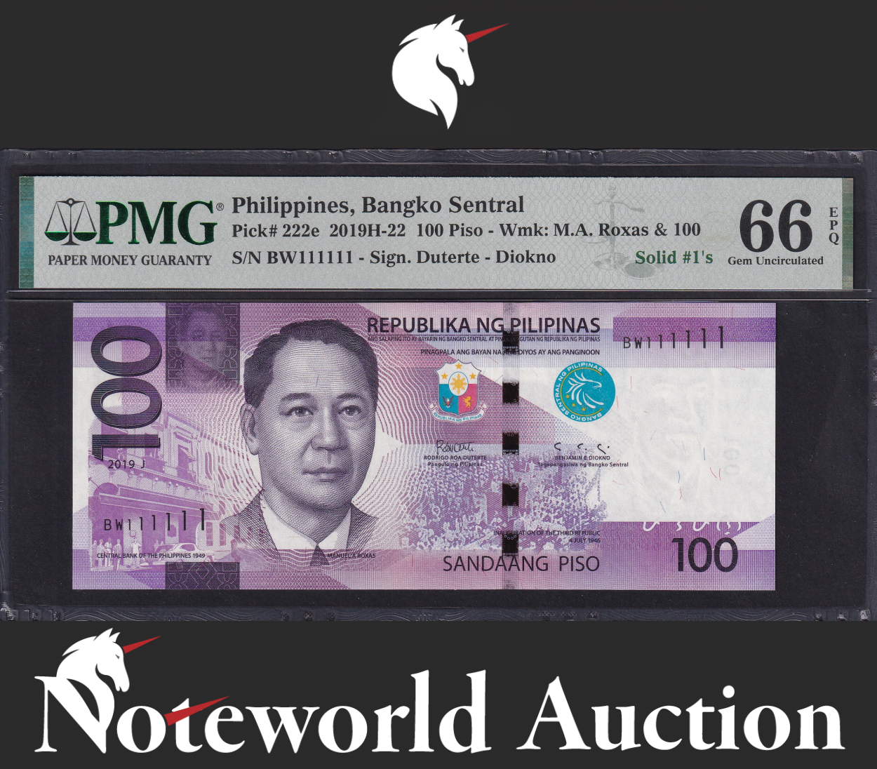 Philippines 100 Piso 2019J P 222e Fancy SOLID 1 - 111111 UNC PMG 66 EPQ