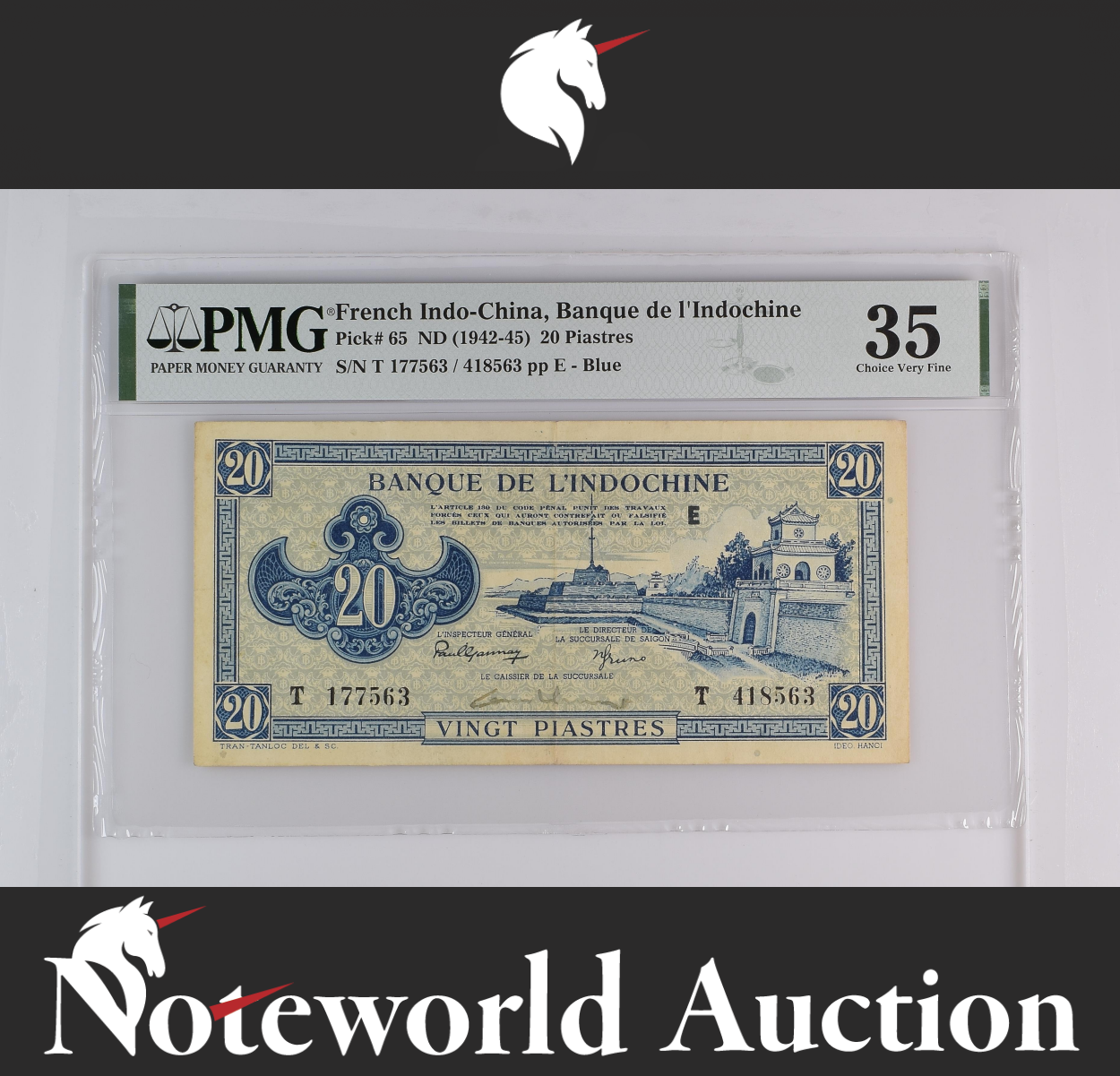 French Indo-China Banque de l'Indochine 20 Piastres ND 1942-45 P 65 VF PMG 35