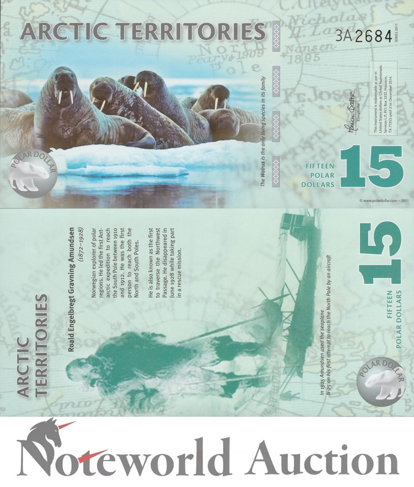 ARCTIC TERRITORIES TEST NOTE - 15 Dollars 2011 Polymer Walrus Series 3A UNC