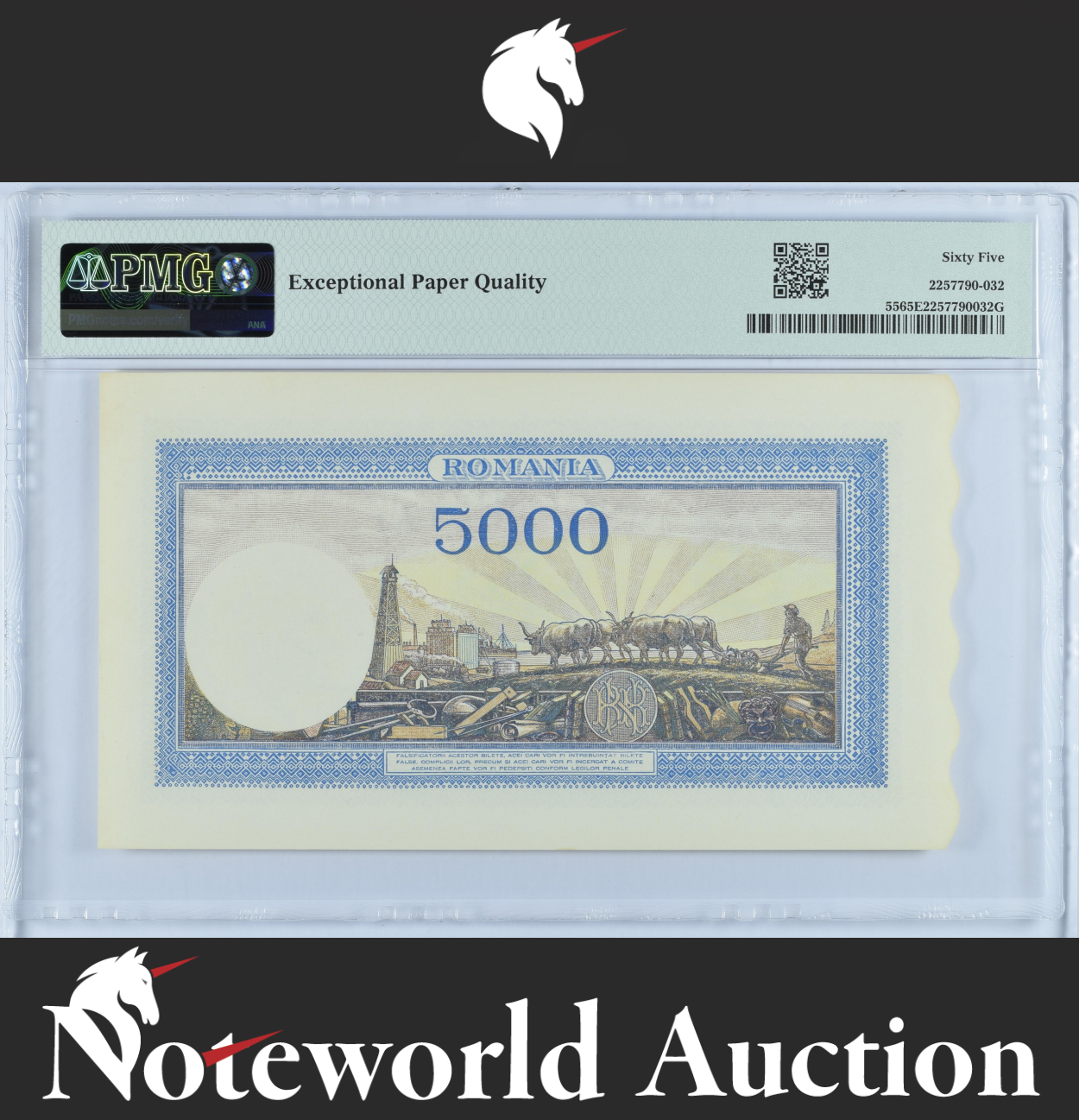 Romania Banca Nationala 5000 Lei 1943-44 P 55 UNC PMG 65 EPQ