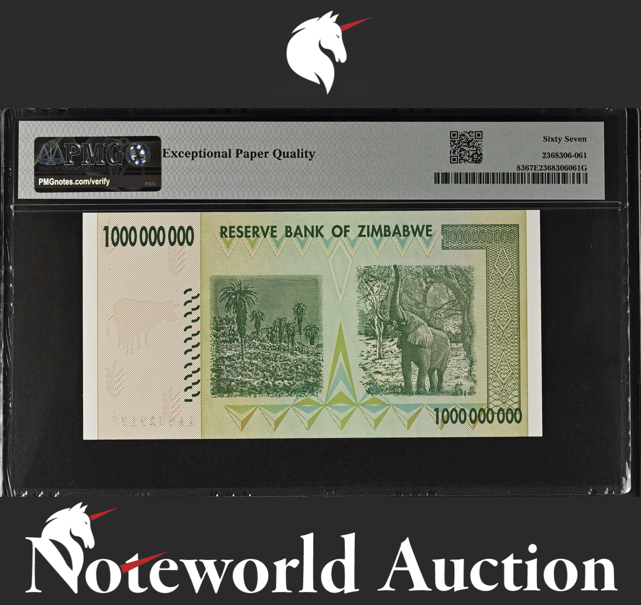 Zimbabwe Reserve Bank 1 Billion Dollars 2008 P 83 Prefix AA UNC PMG 67 EPQ