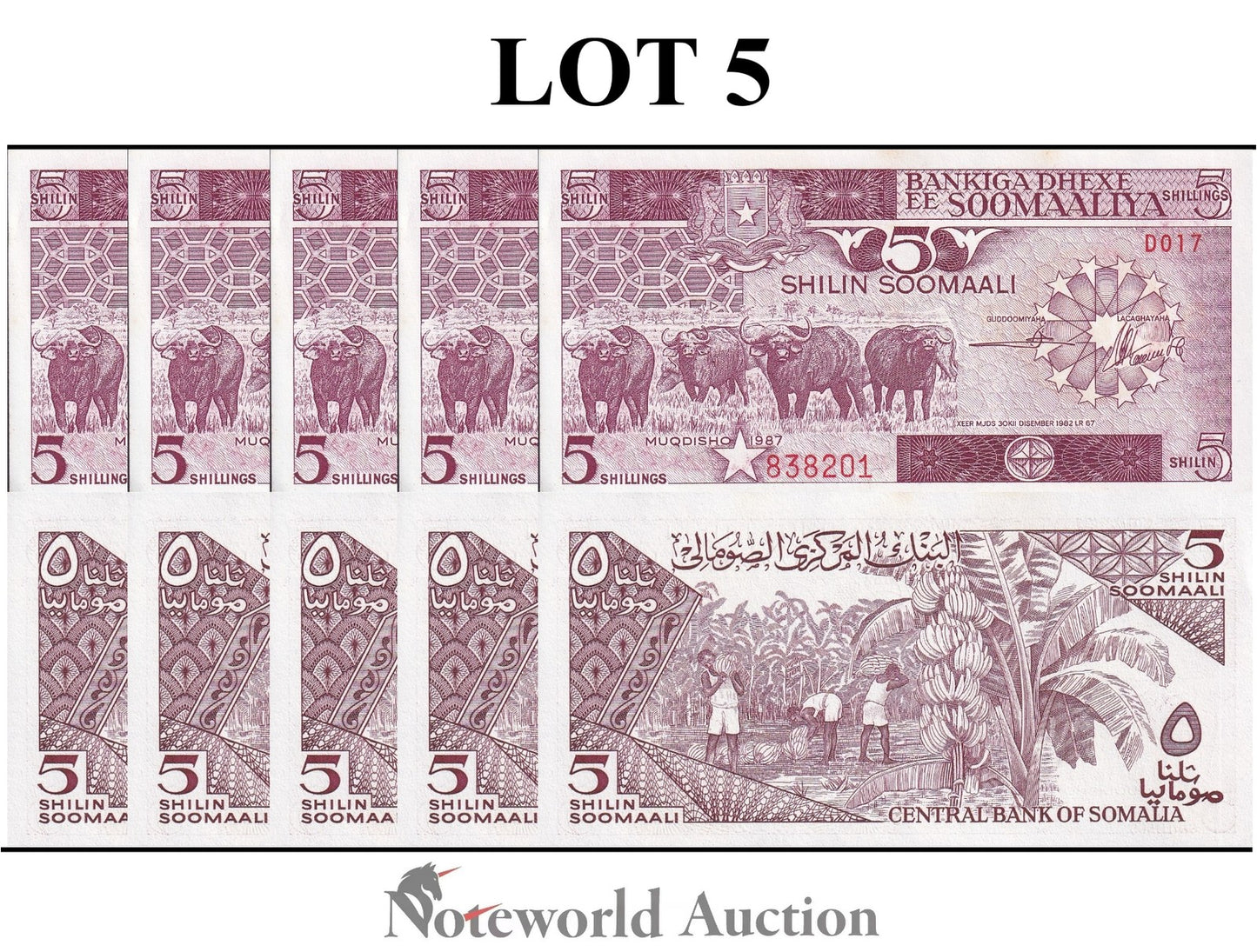 SOMALIA 5 Shilin Soomaali 1987 P 31c MINOR FOXING Lot 5 pcs 1/20 Bundle UNC