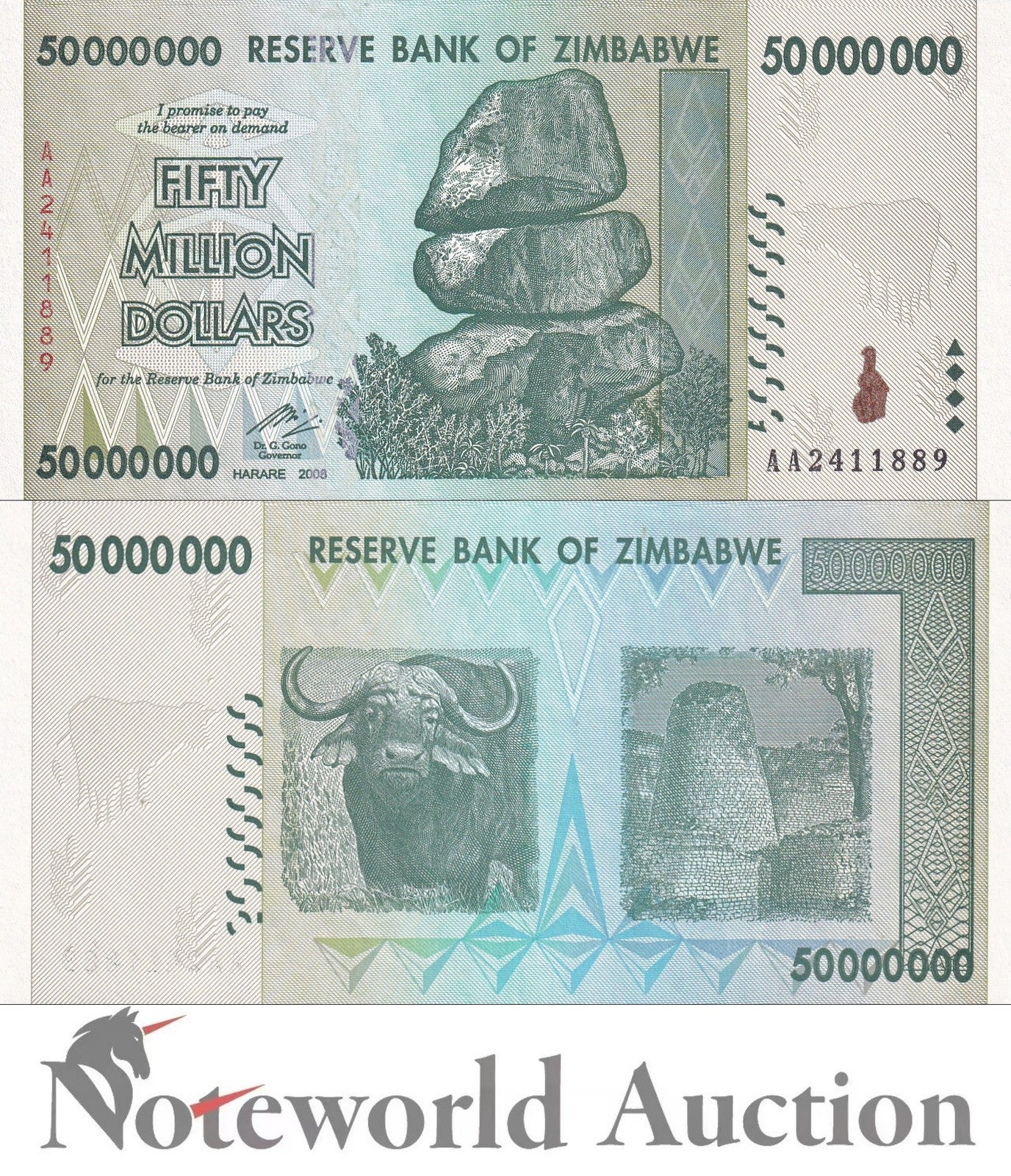 ZIMBABWE 50000000 Dollars 2008 P 79 Prefix AA Lot 5 pcs 1/20 Bundle UNC