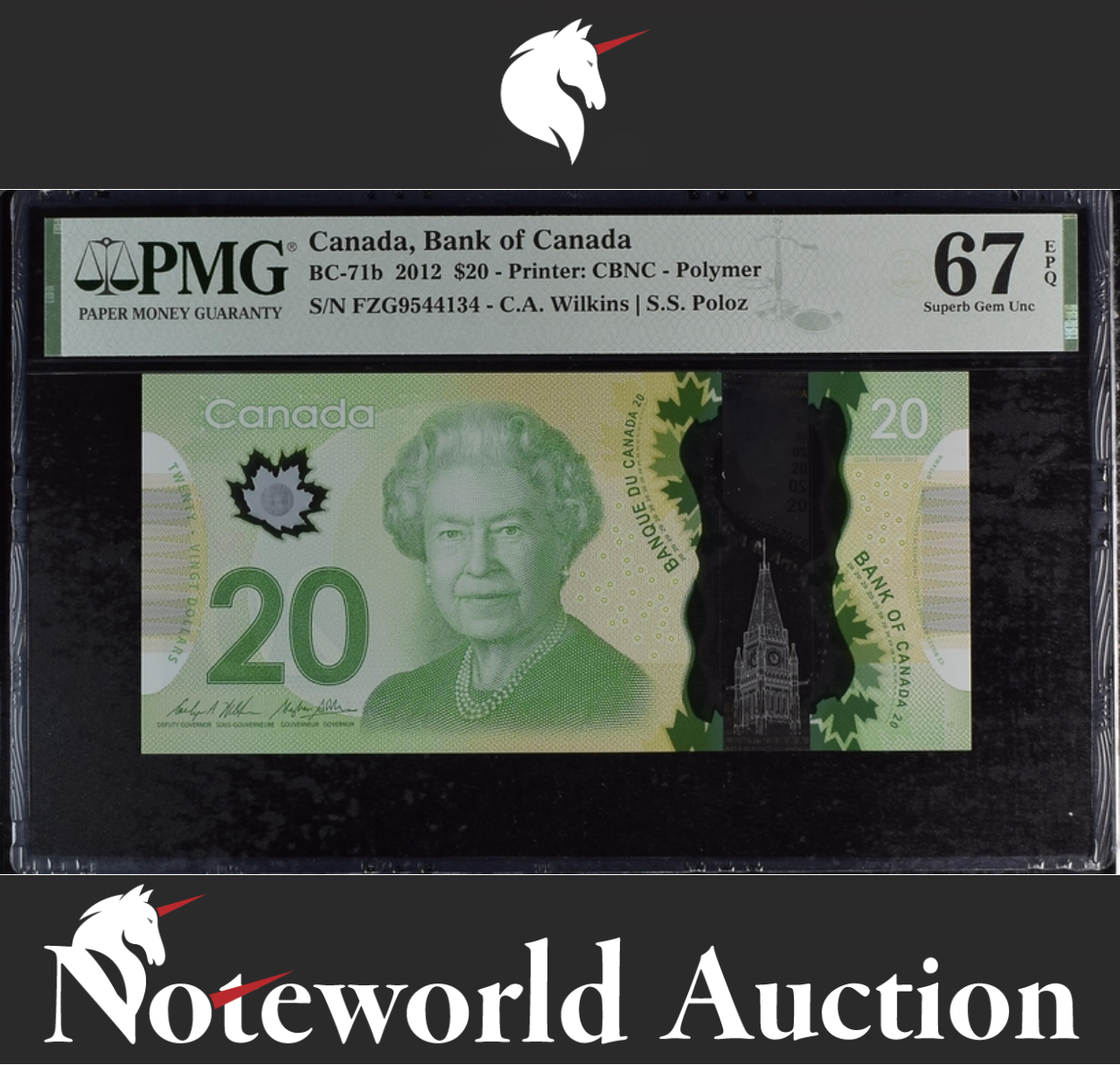 Canada Bank of Canada $20 2012 BC-71b Polymer UNC PMG 67 EPQ 3rd TOP POP