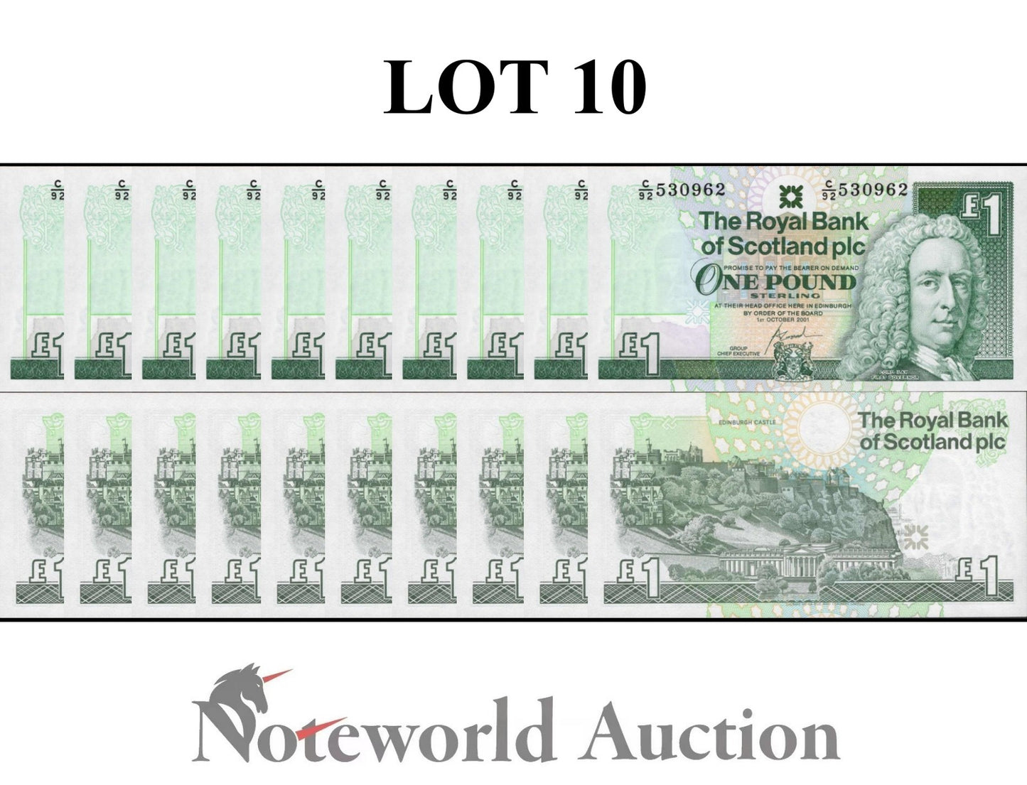 SCOTLAND ROYAL BANK 1 Pound 2001 P 351e Reduced Size Lot 10 p 1/10 Bundle UNC