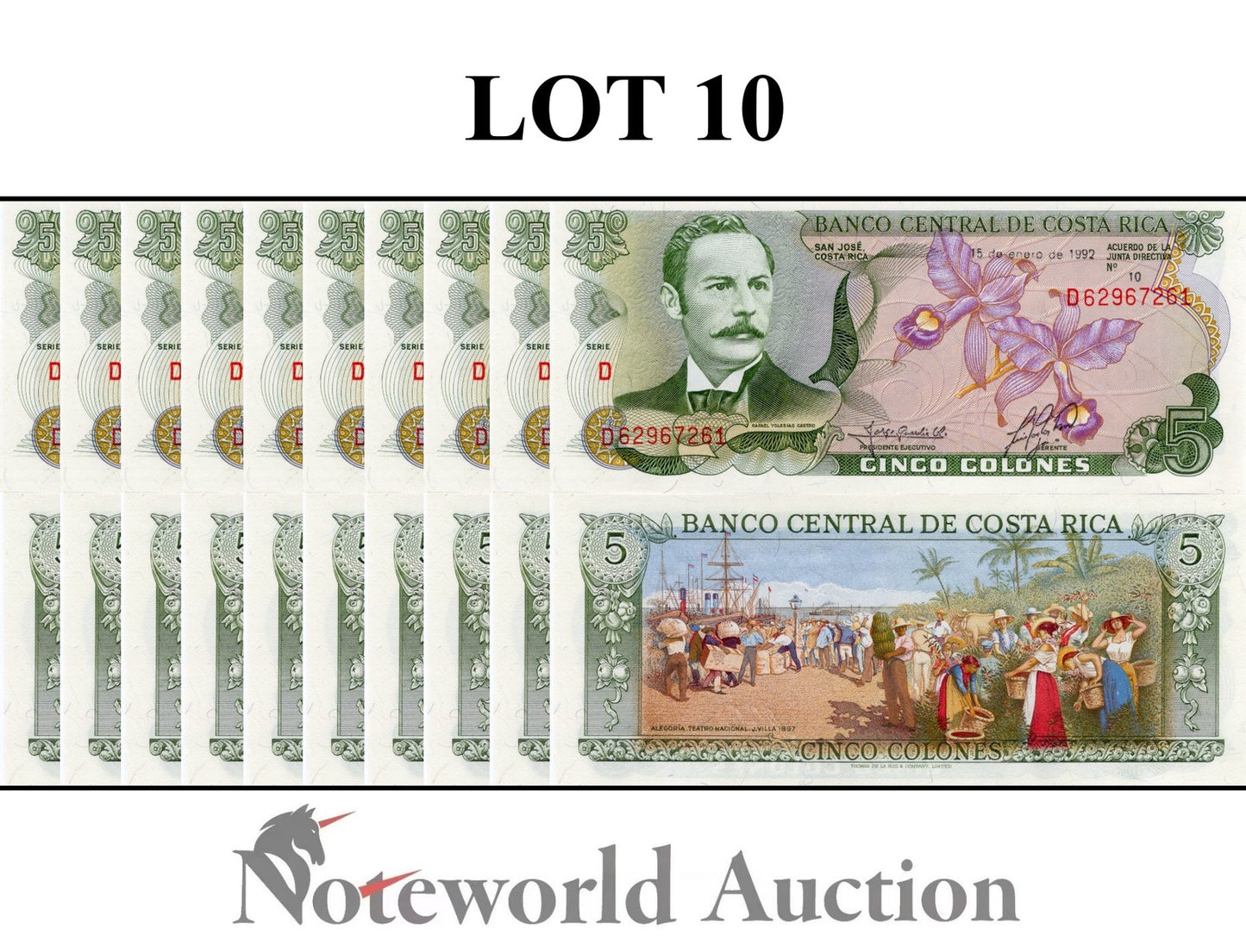 COSTA RICA Lot 10 pcs 1/10 Bundle - 5 Colones 1992 P 236e UNC