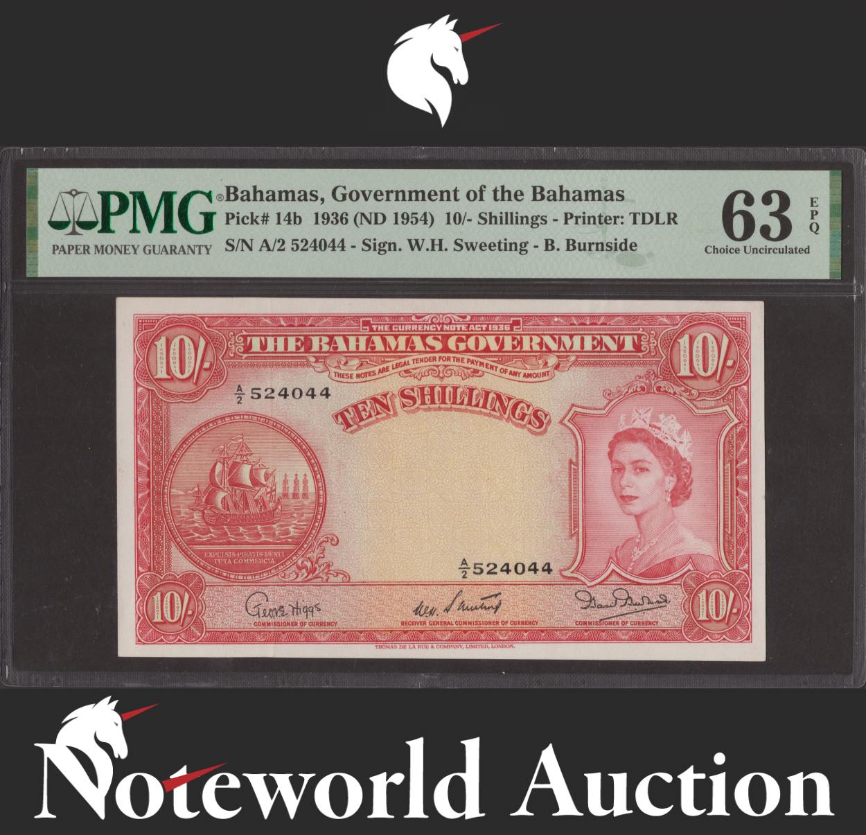 Bahamas Government of the Bahamas 10/- 1936 (ND 1954) P 14b UNC PMG 63 EPQ RARE