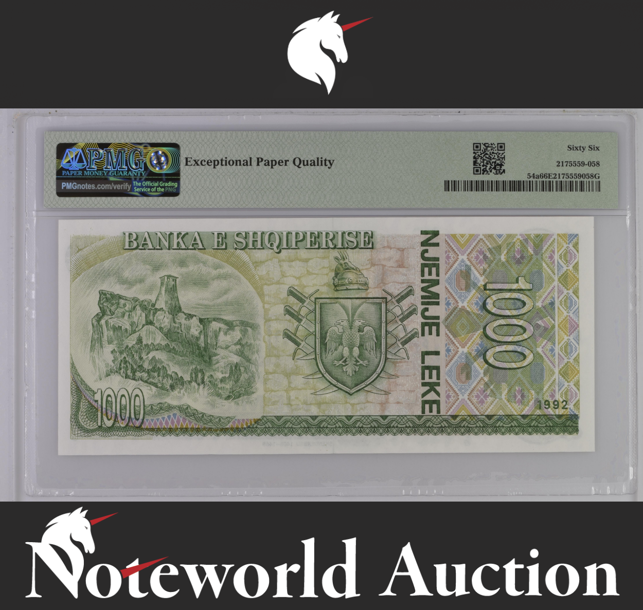 Albania Banka e Shqiperise 1000 Leke 1992 P 54a UNC PMG 66 EPQ 2nd TOP POP