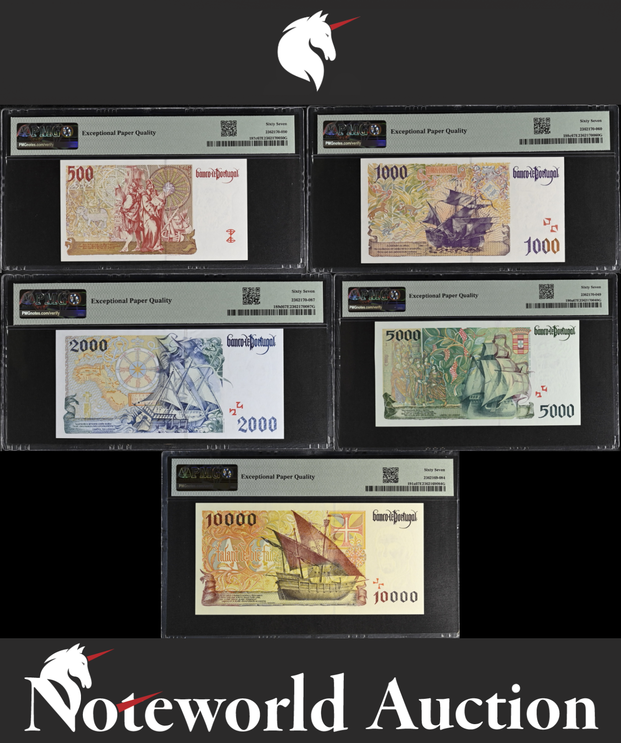 Portugal Set 5 p - 500 1000-10000 1995-2000 P 187c-189d 190a 191a UNC PMG 67 EPQ