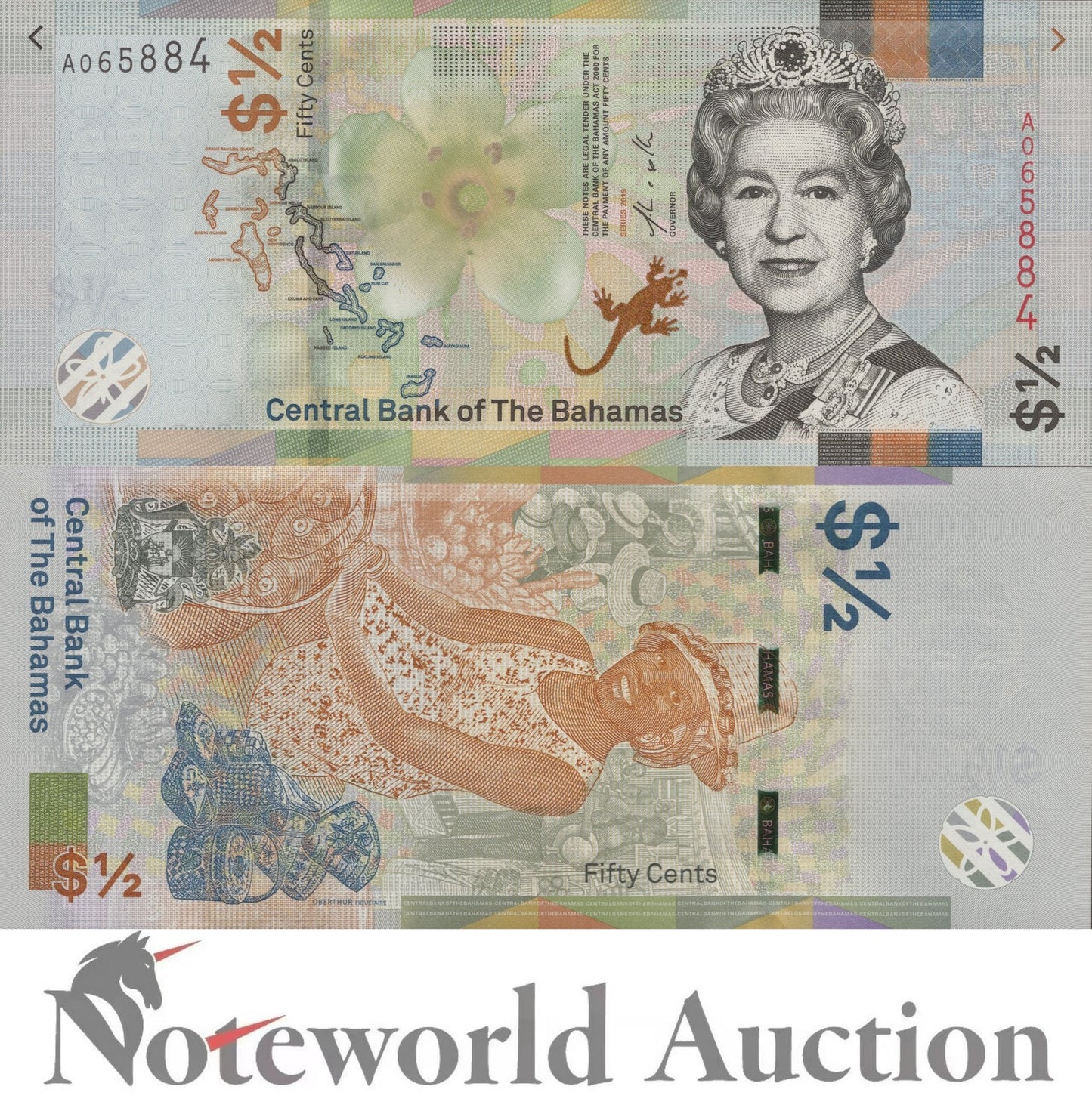 BAHAMAS Dollar 2019 P A77 QEII Lot 10 pcs 1/10 Bundle 1/2 UNC