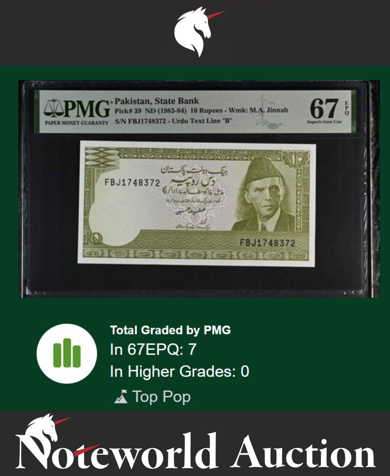 Pakistan State Bank 10 Rupees ND (1983-84) P 39 UNC PMG 67 EPQ TOP POP