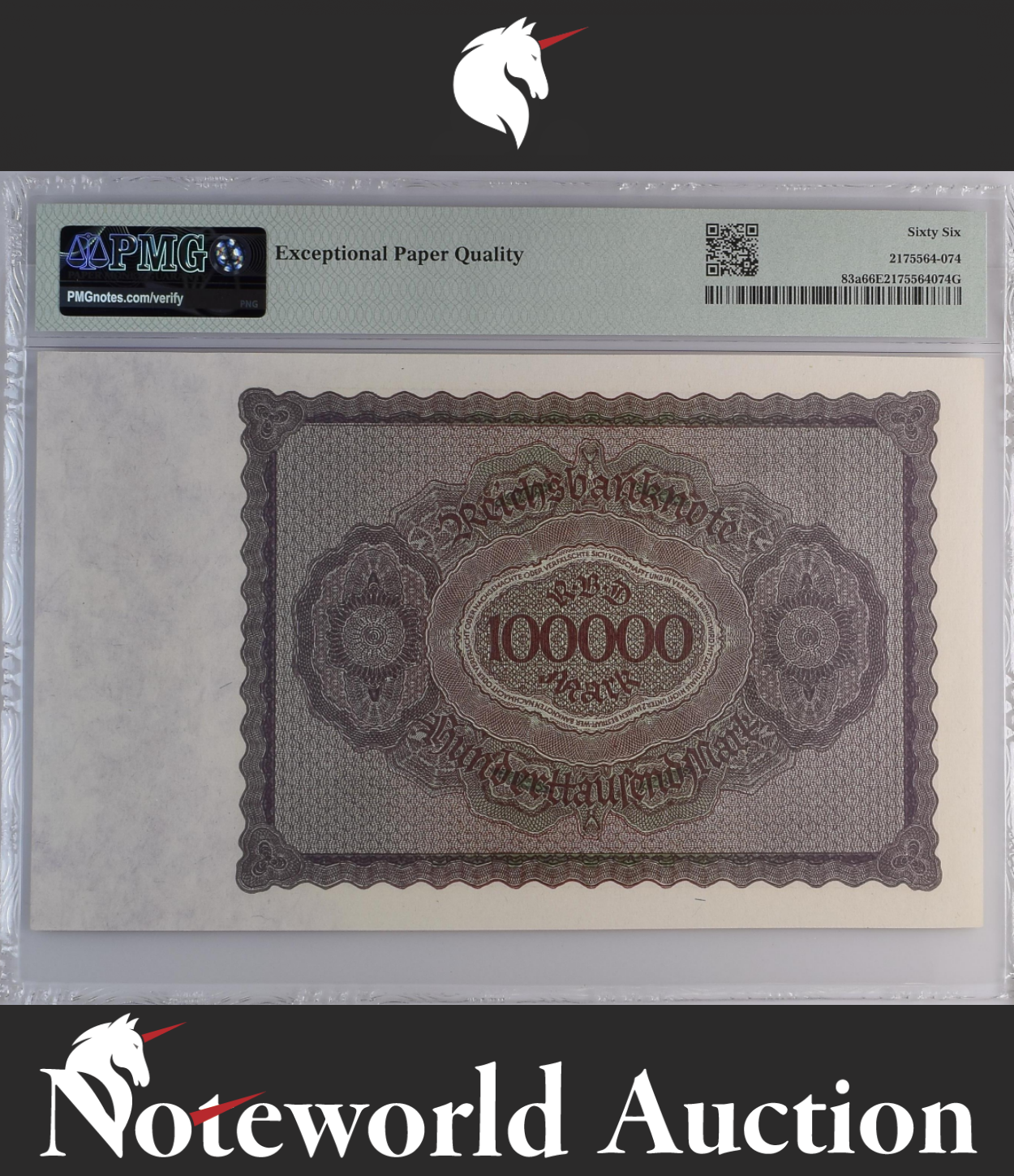 Germany Republic Treasury Note 100000 Mark 1923 P 83a UNC PMG 66 EPQ 2nd TOP POP