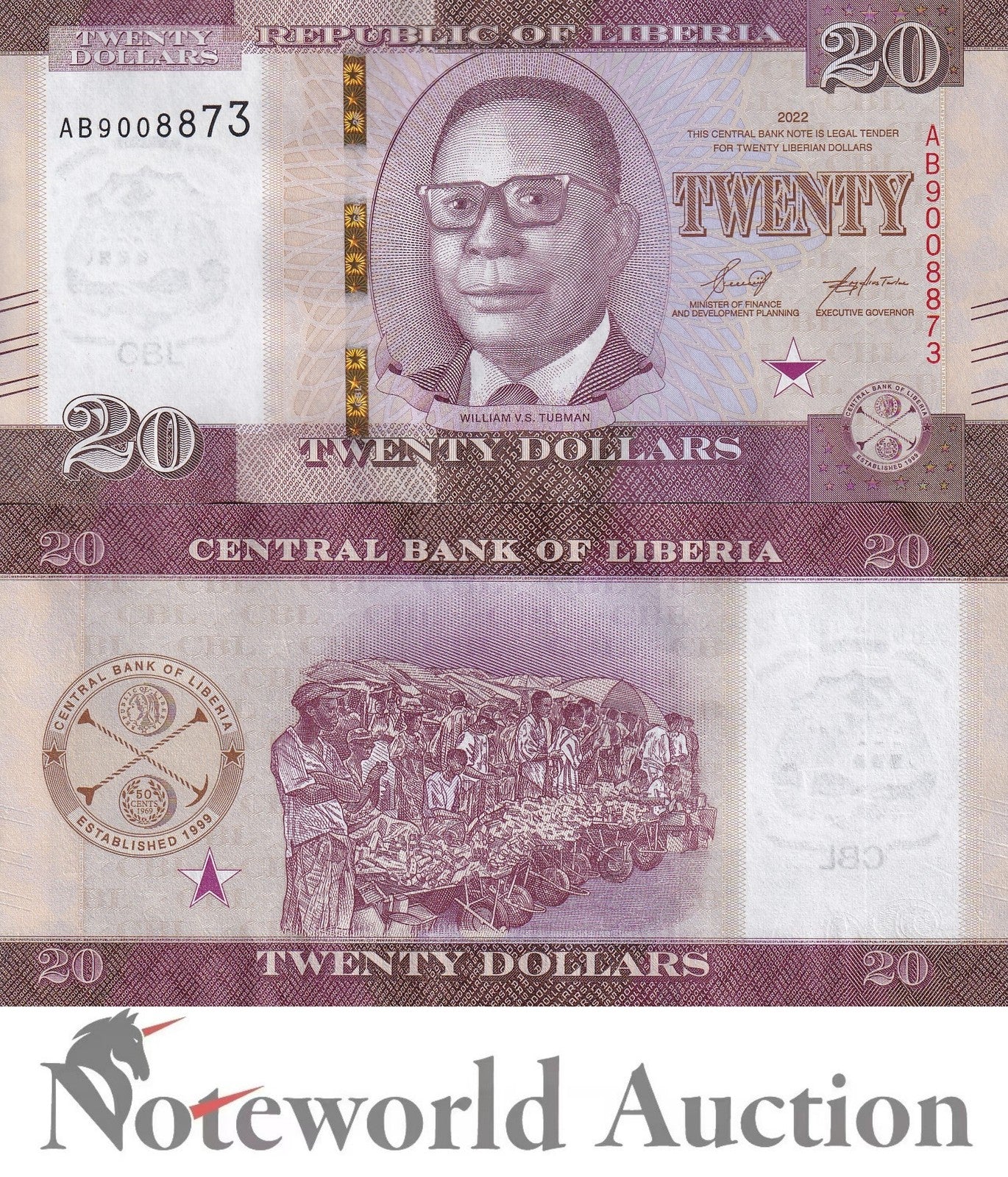 LIBERIA 20 Dollars 2022 P 39 Lot 5 pcs 1/20 Bundle UNC