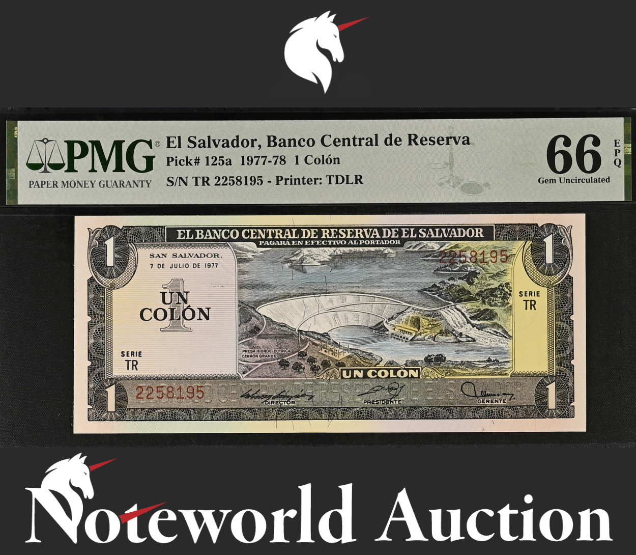 EL SALVADOR Banco Central de Reserva 1 Colon 1977-1978 P 125a UNC PMG 66 EPQ