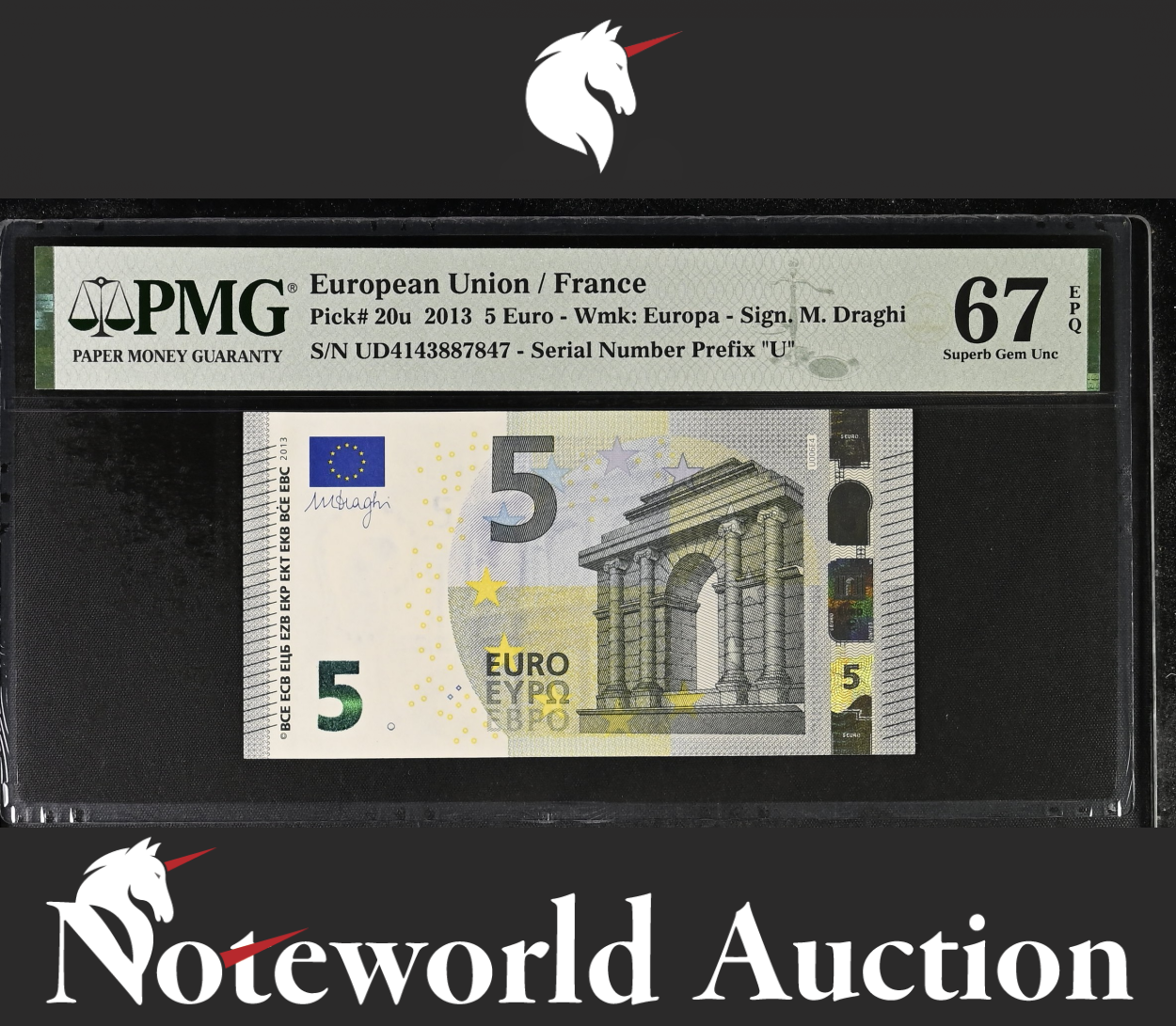 European Union / France 5 Euro 2013 P 20u Prefix U UNC PMG 67 EPQ 3rd TOP POP