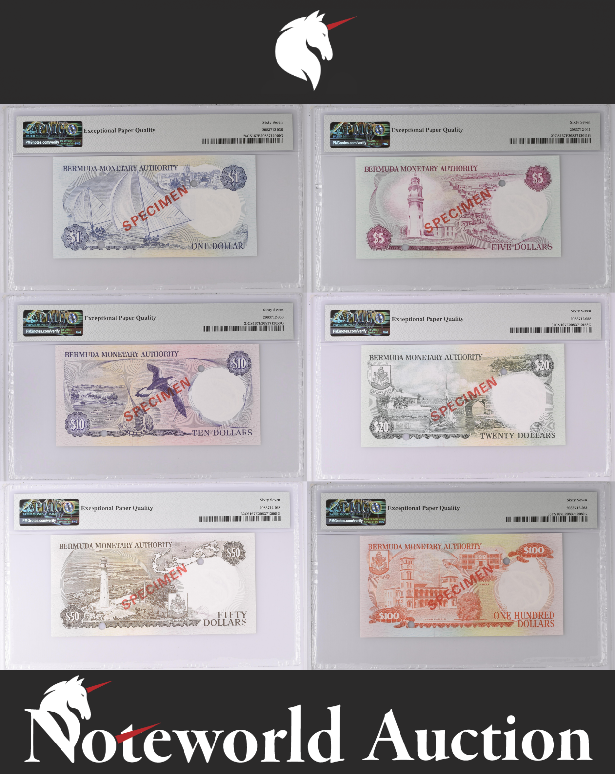 BERMUDA Set 6- 1 5 10 20 50 100 1978-84 Collector Series Specimen UNC PMG 67 EPQ