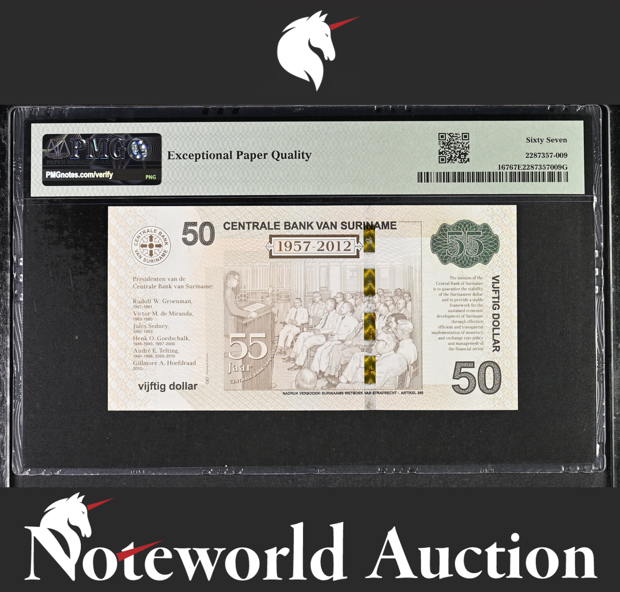 Suriname Centrale Commemorative 50 Dollars 2012 P 167 W/Folder UNC PMG 67 EPQ