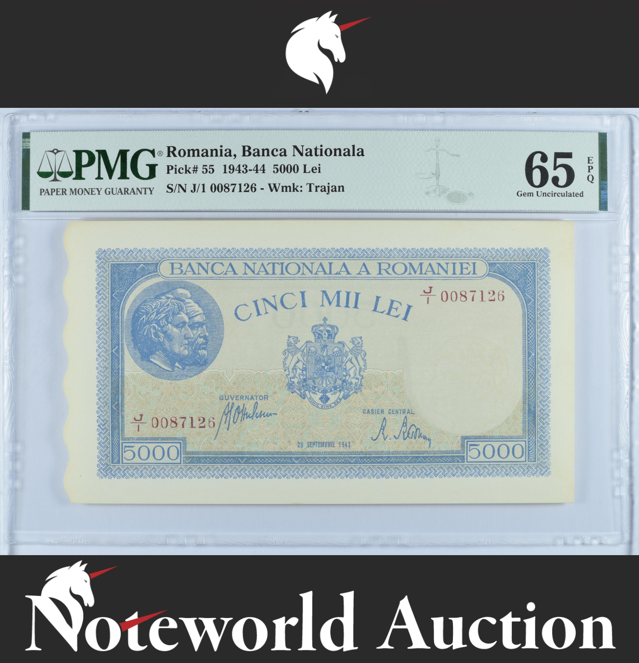 Romania Banca Nationala 5000 Lei 1943-44 P 55 UNC PMG 65 EPQ