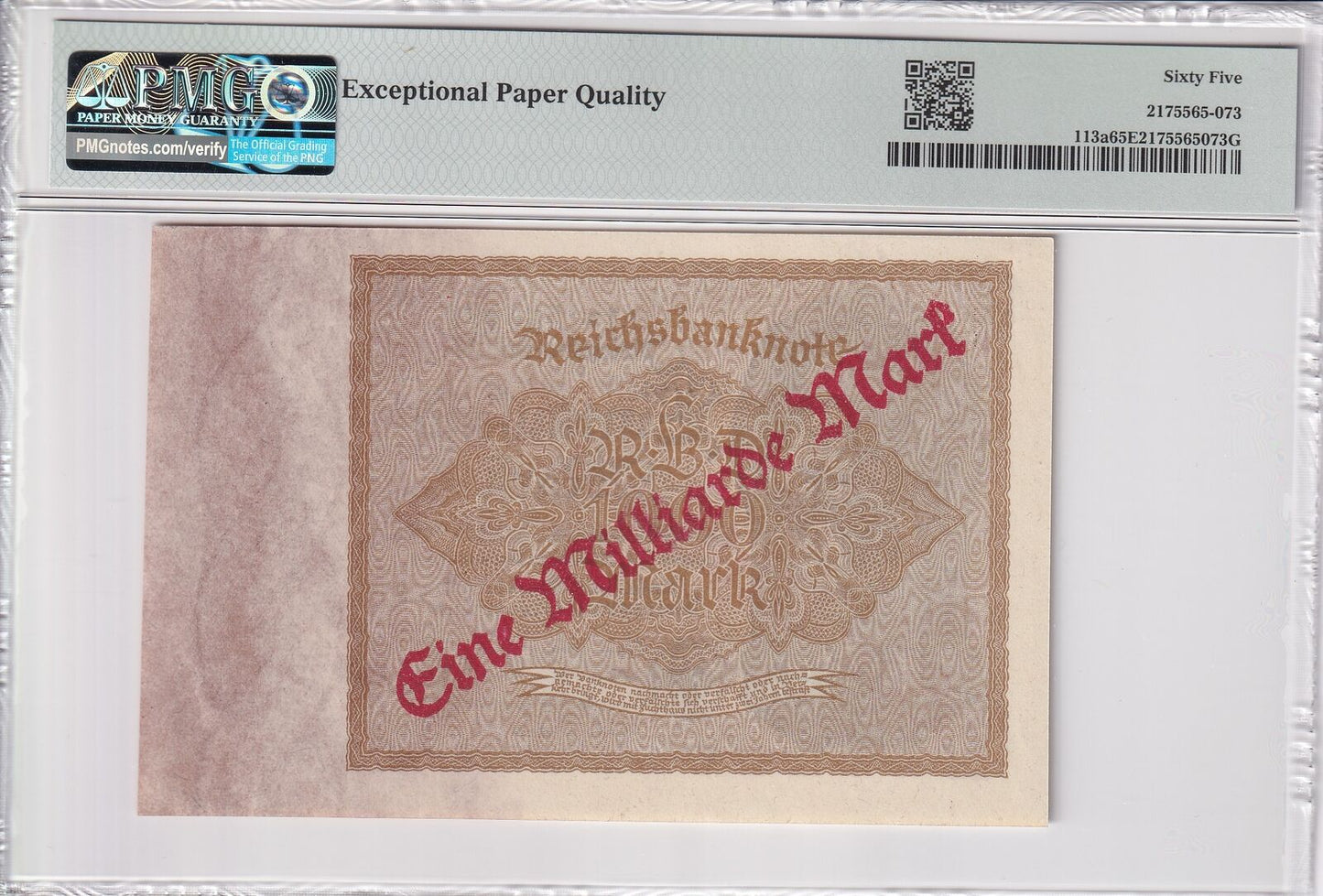 GERMANY TREASURY 1 Milliarde 1000 Mark 1922 P 113a No.530999 UNC PMG 65 EPQ
