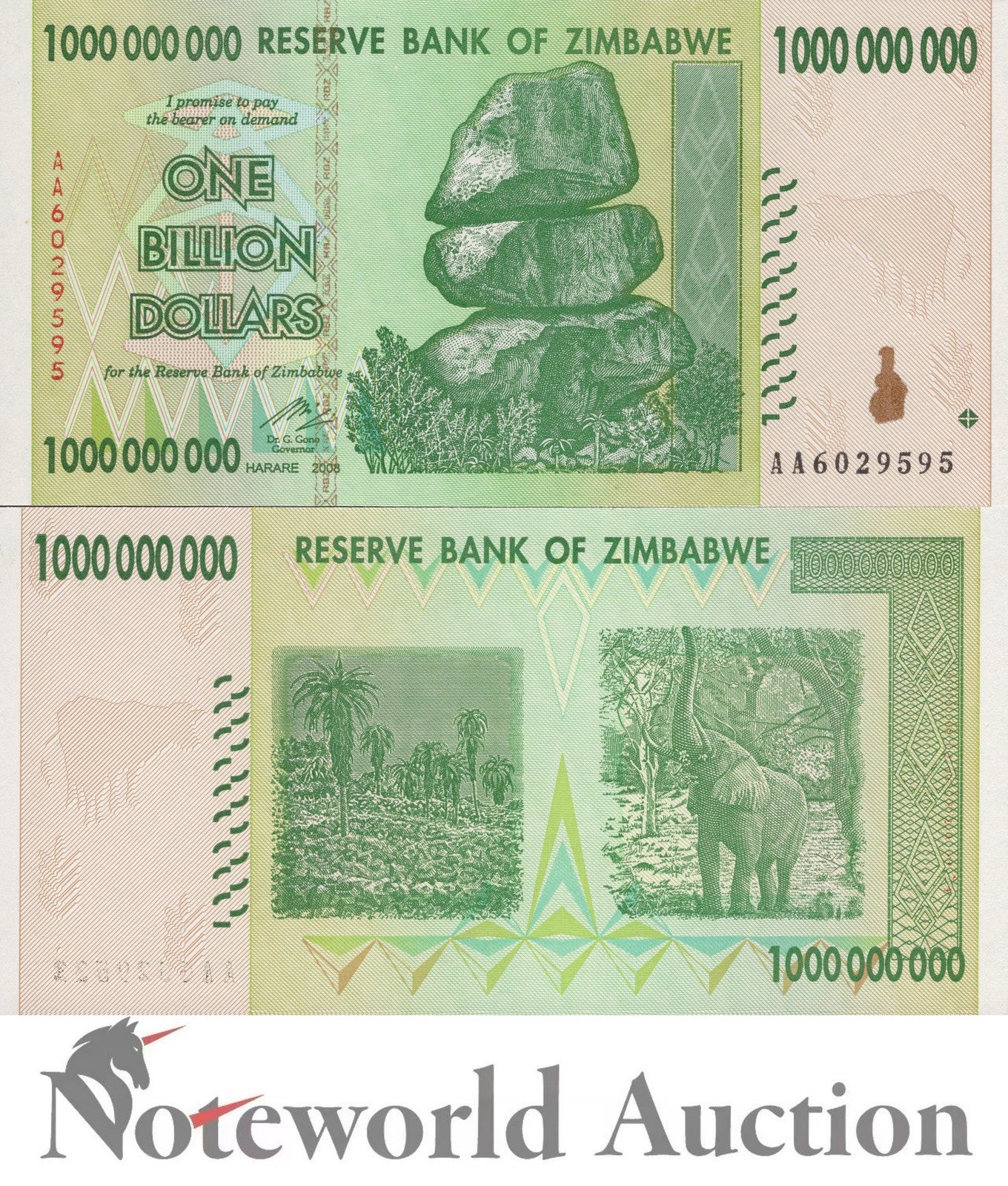 ZIMBABWE 1000000000 Dollars 2008 P 83 First Prefix AA UNC