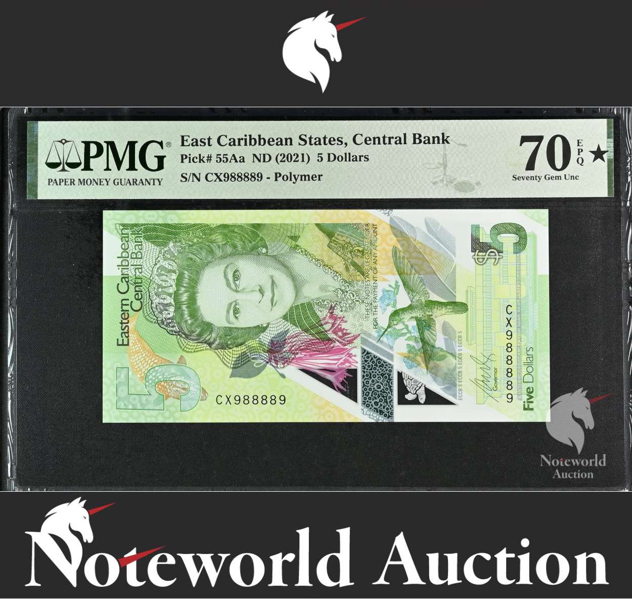 East Caribbean States 5 2021 P 55Aa Radar S/N 988889 UNC PMG 70 EPQ STAR TOP POP