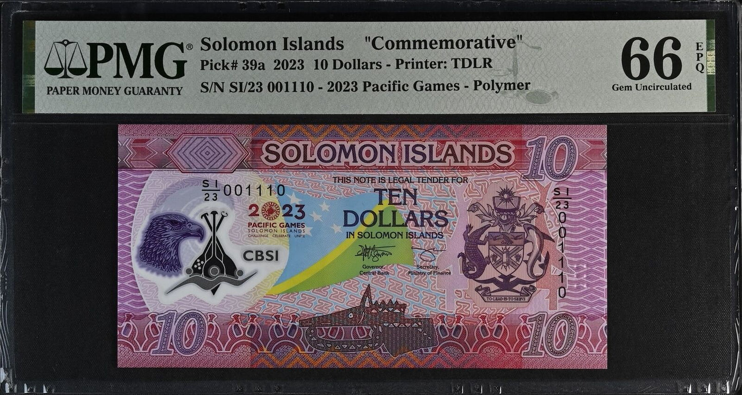 SOLOMON ISLANDS COMM. 10 2023 P 39a Fancy Binary NO.001110 Polymer PMG 66 EPQ