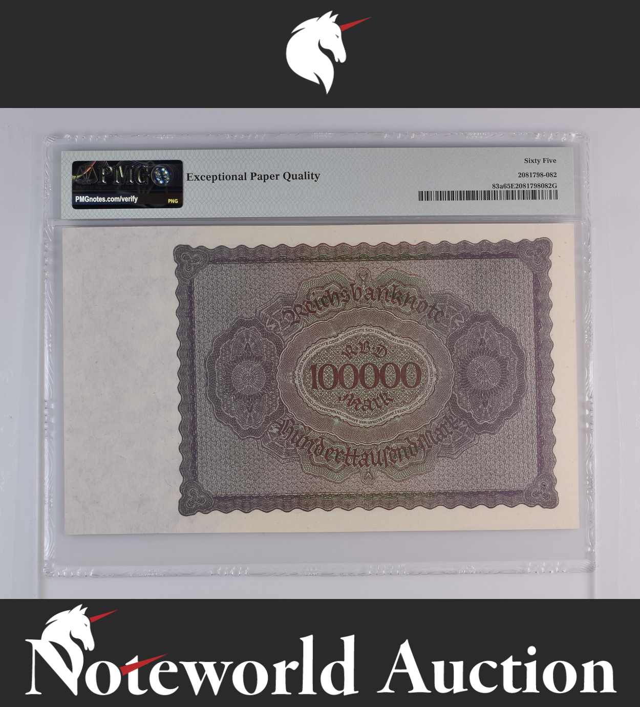 Germany Republic Treasury Note 100000 Mark 1923 P 83a UNC PMG 65 EPQ 3rd TOP POP