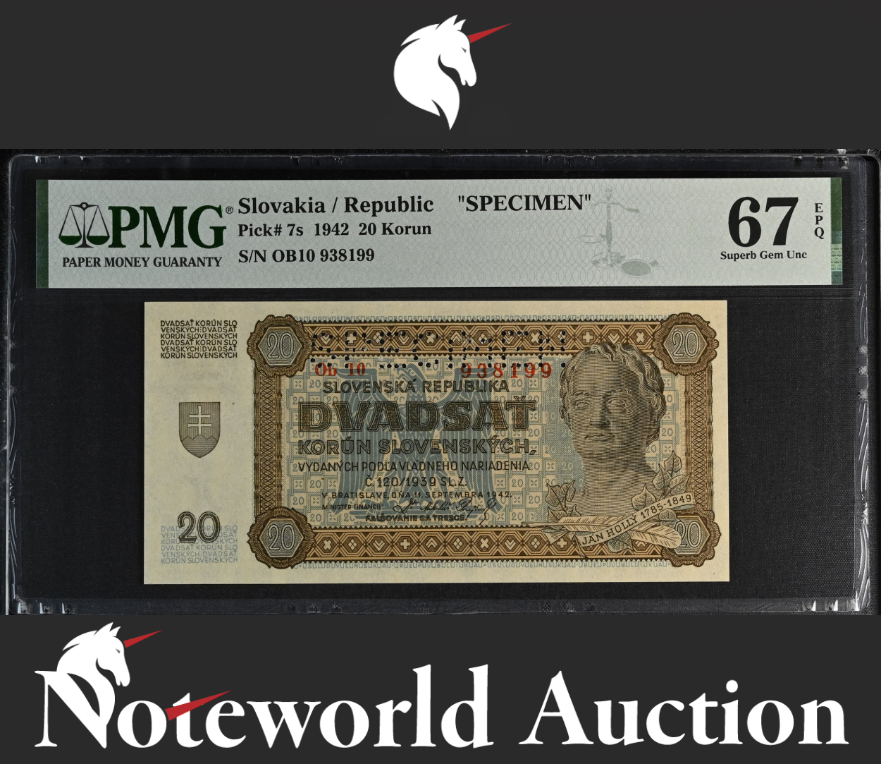 Slovakia Republic 20 Korun 1942 P 7s SPECIMEN UNC PMG 67 EPQ TOP POP