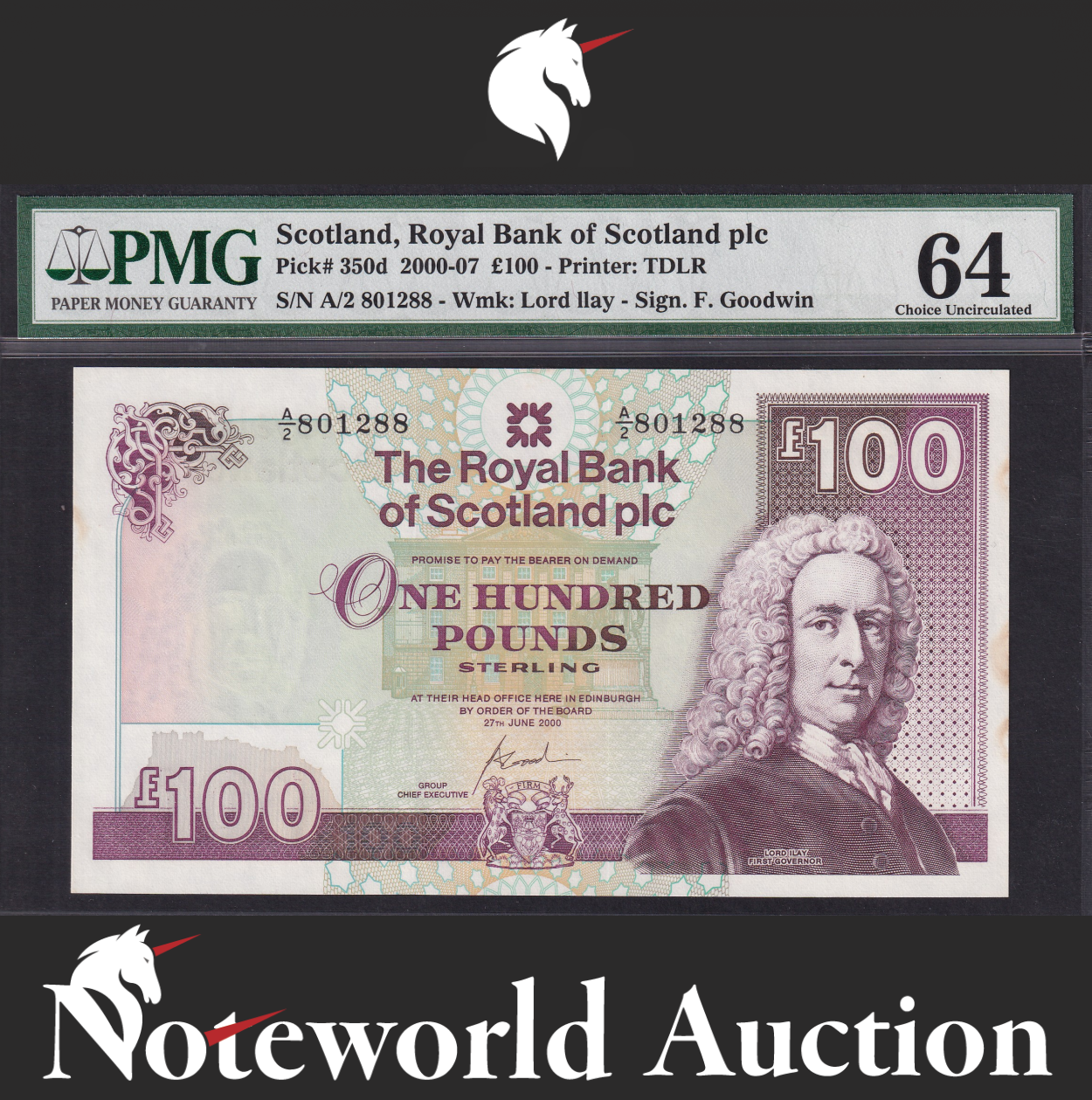 Scotland Royal Bank of Scotland plc 100 Pounds 2000-07 P 350d Foxing UNC PMG 64