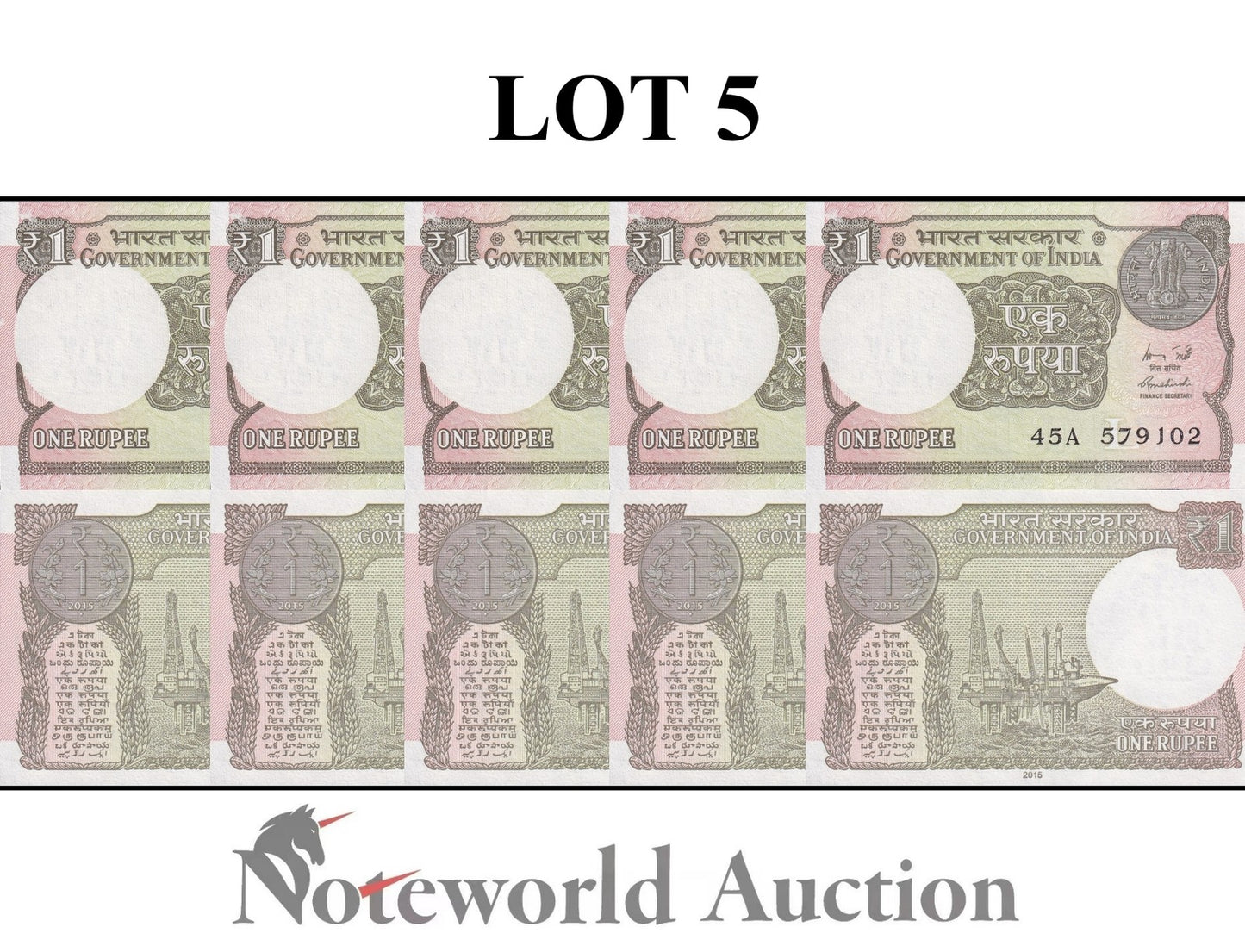 INDIA 1 Rupee 2015 P 117a Lot 5 pcs 1/20 Bundle UNC