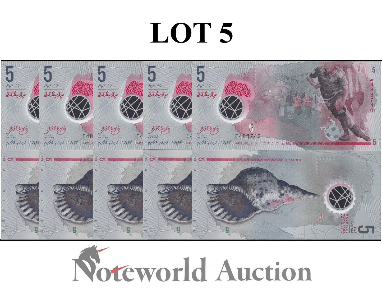 MALDIVES 5 Rufiyaa 2017 P A26 Polymer Lot 5 pcs 1/20 Bundle UNC