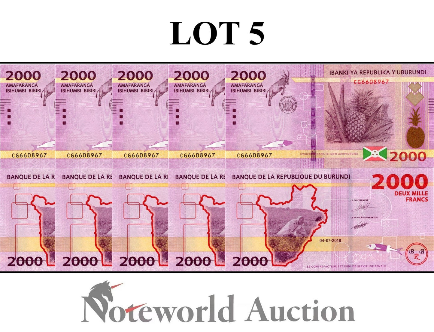 BURUNDI 2000 Francs 2018 P 52 Lot 5 pcs 1/20 Bundle UNC