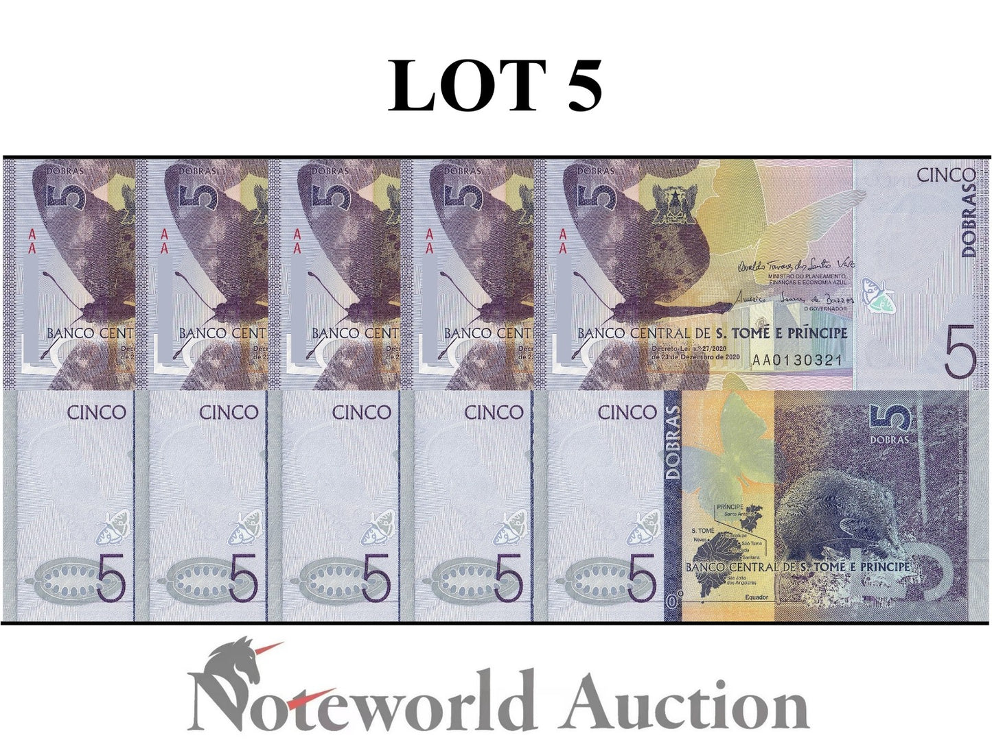 SAO TOME E PRINCIPE 5 Dobras 2020 P 76 First Prefix AA Lot 5 p 1/20 Bundle UNC