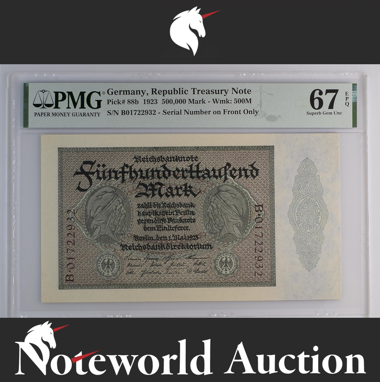 Germany Republic Treasury Note 500000 Mark 1923 P 88b UNC PMG 67 EPQ 2nd TOP POP