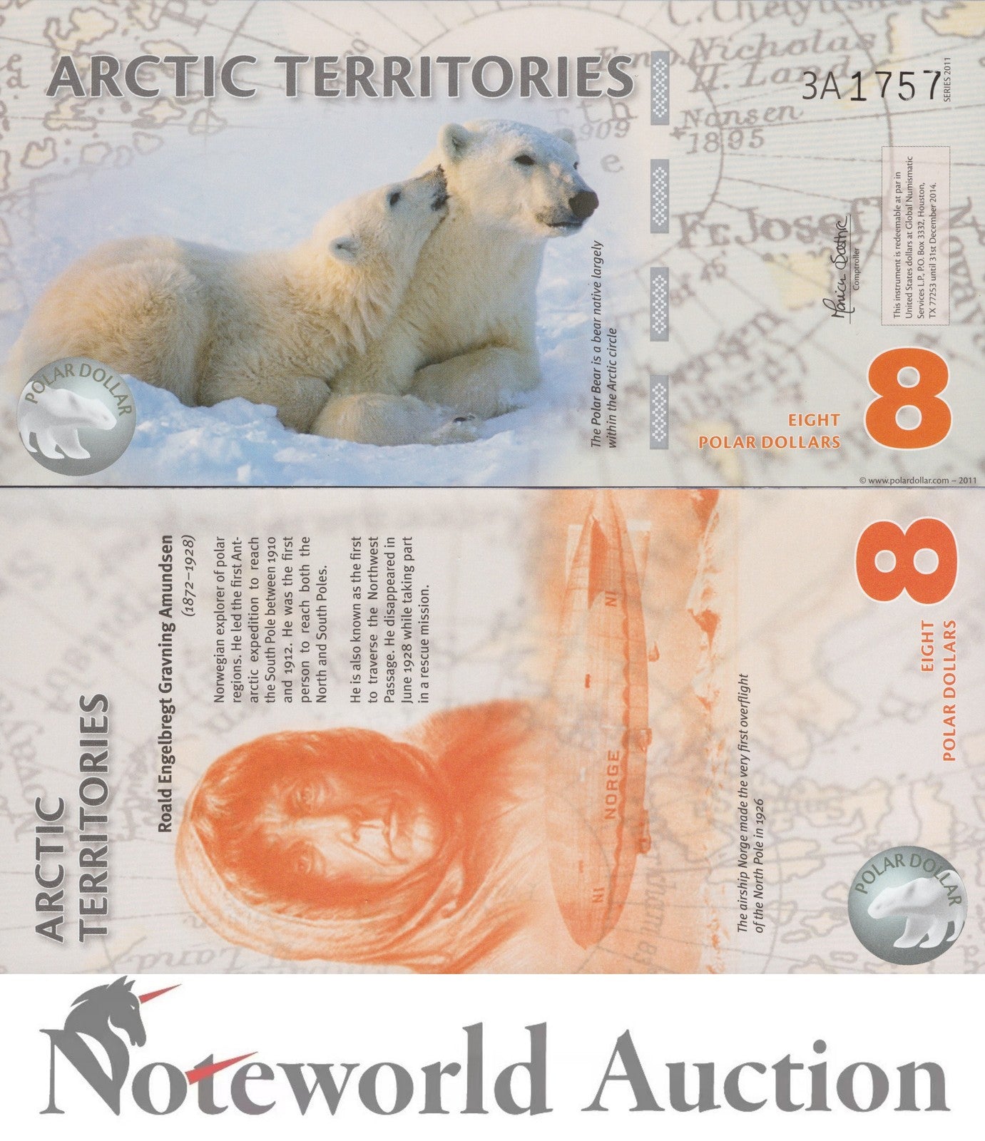 ARCTIC TERRITORIES TEST NOTE 8 Dollars 2011 Polymer Polar Bear Series 3A UNC