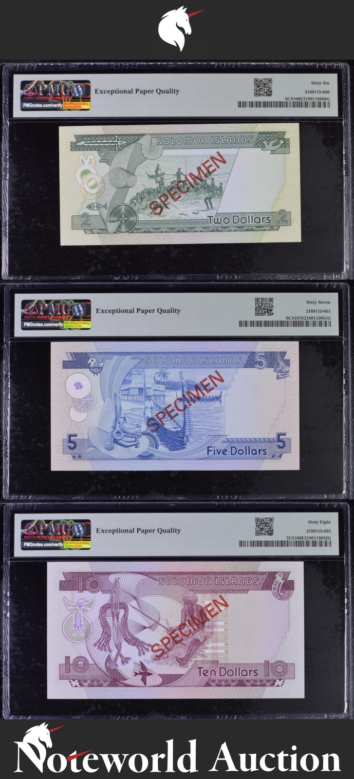 Solomon Islands Set 3 pcs - 2 5 10 1979 P 5 6 7CS1 SPECIMEN UNC PMG 67 68 EPQ