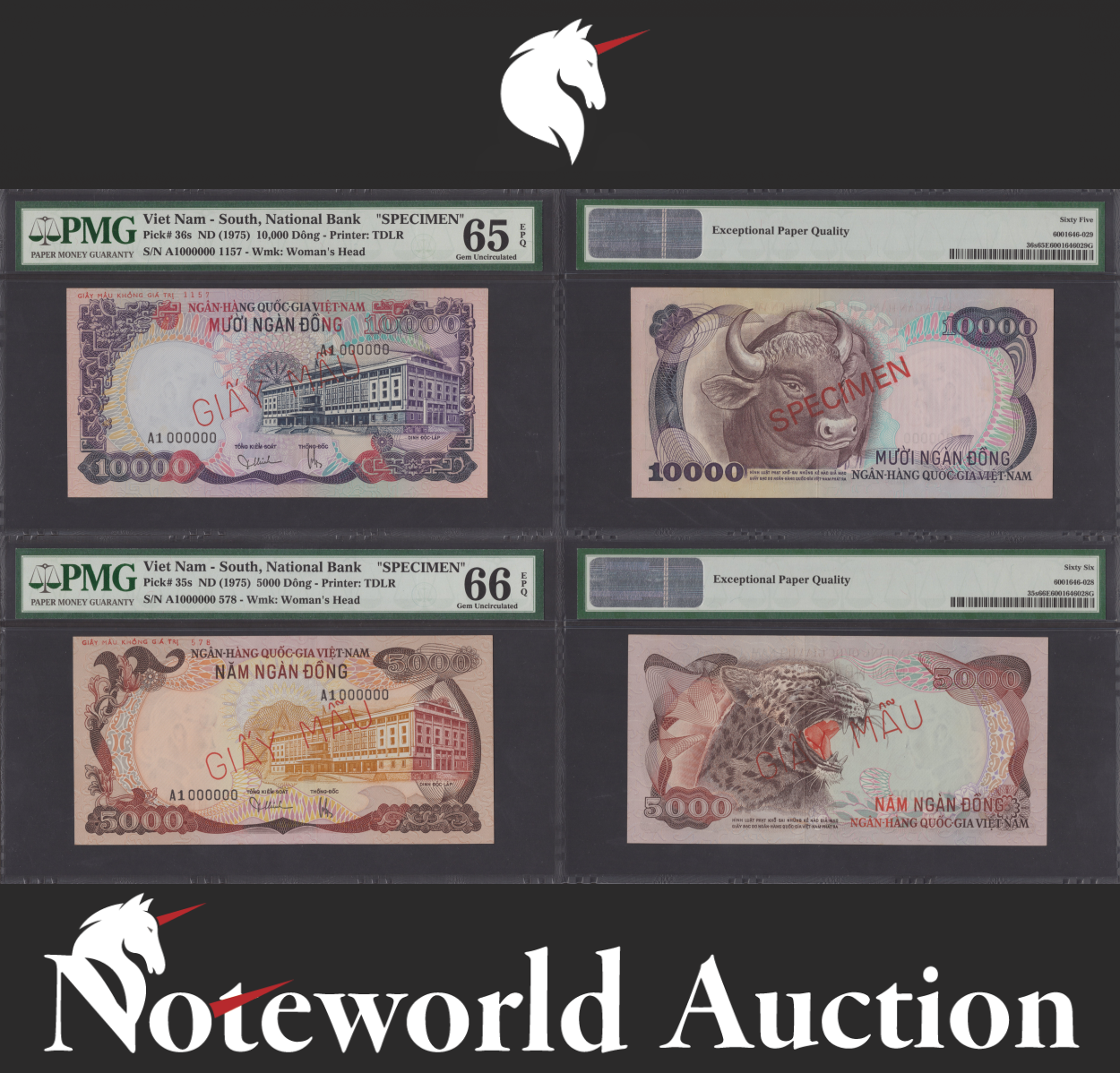 VIET NAM SOUTH Set 2 p - 5000 10000 ND 1975 P 35s 36s SPECIMEN UNC PMG 65 66 EPQ