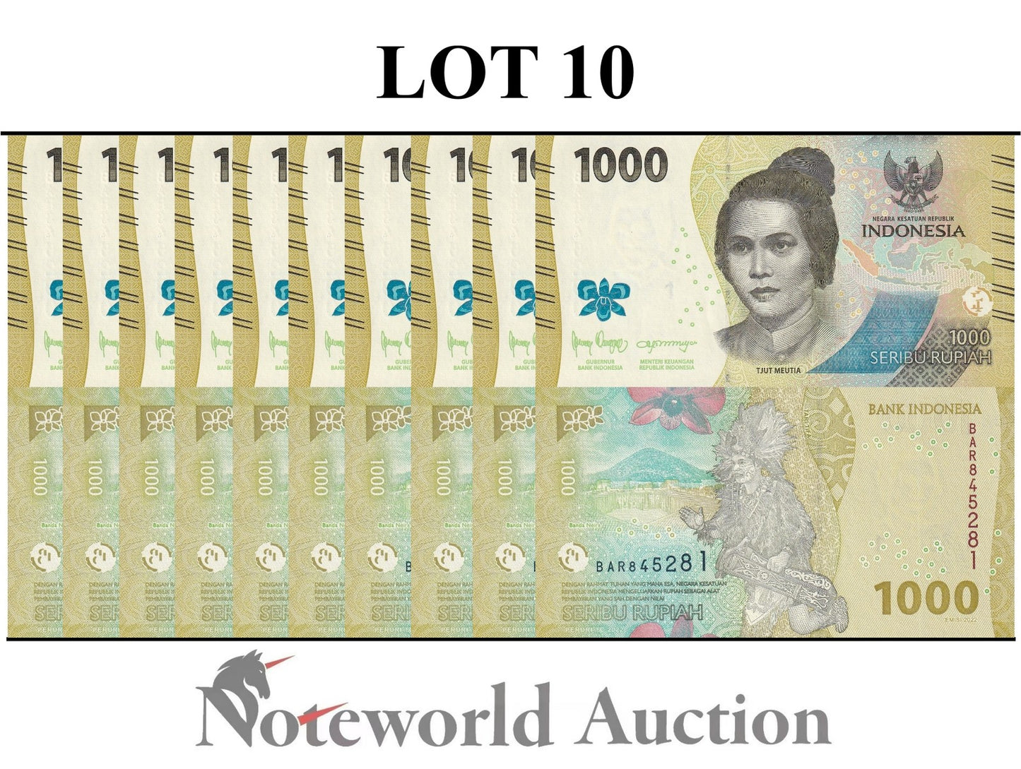INDONESIA 1000 Rupiah 2022 P 162 New design Lot 10 pcs 1/10 Bundle UNC