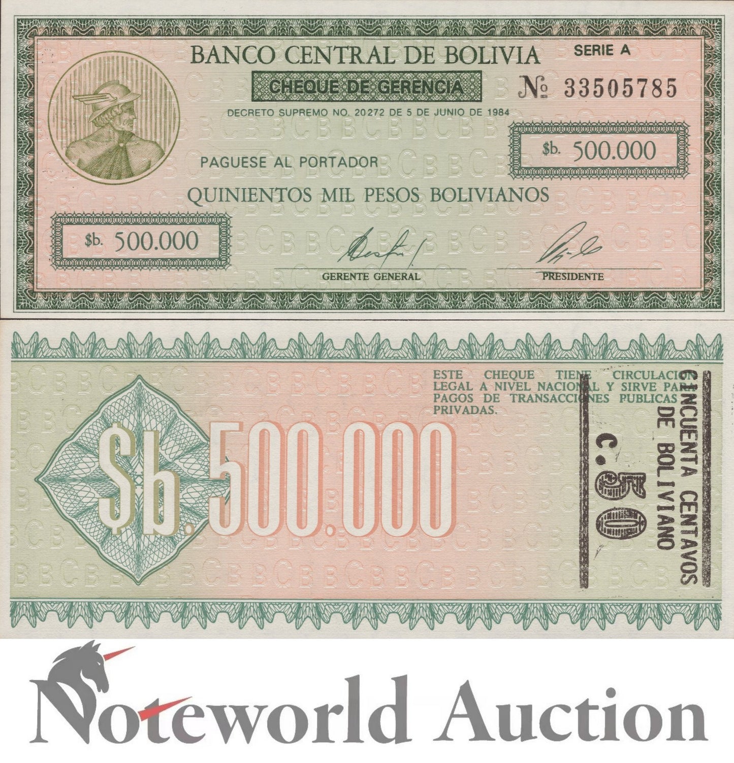 BOLIVIA 500000 Pesos 1984 P 198 FOXING UNC