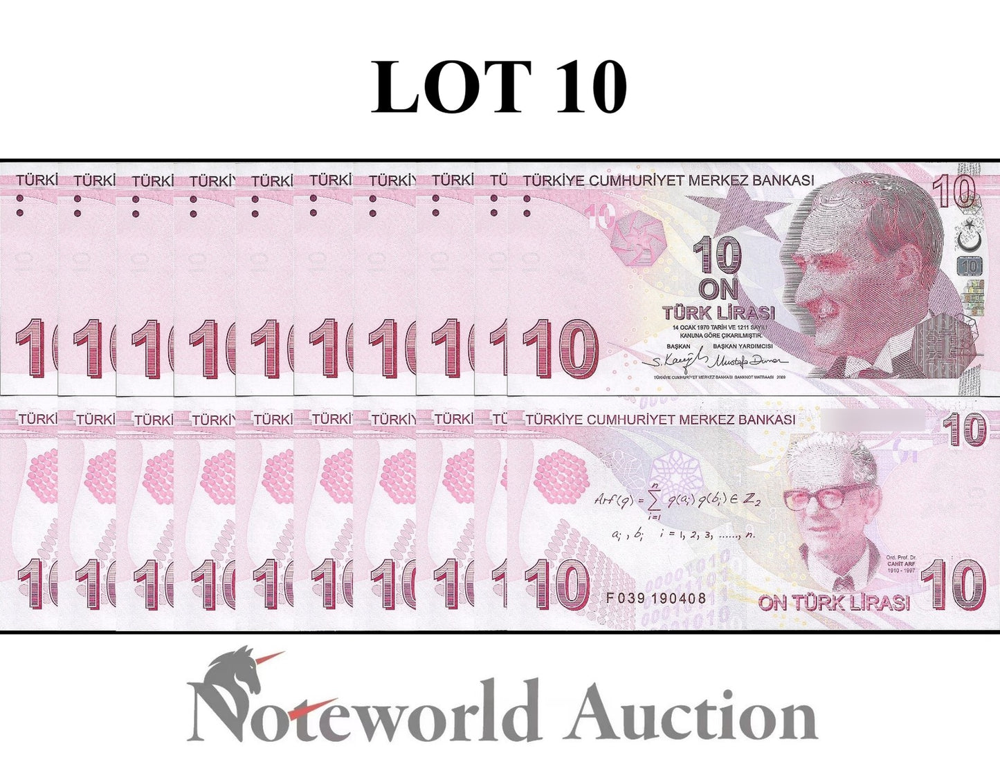 TURKEY 10 Turk Lirasi 2009 P 223 Random Sign Lot 10 pcs 1/10 Bundle UNC